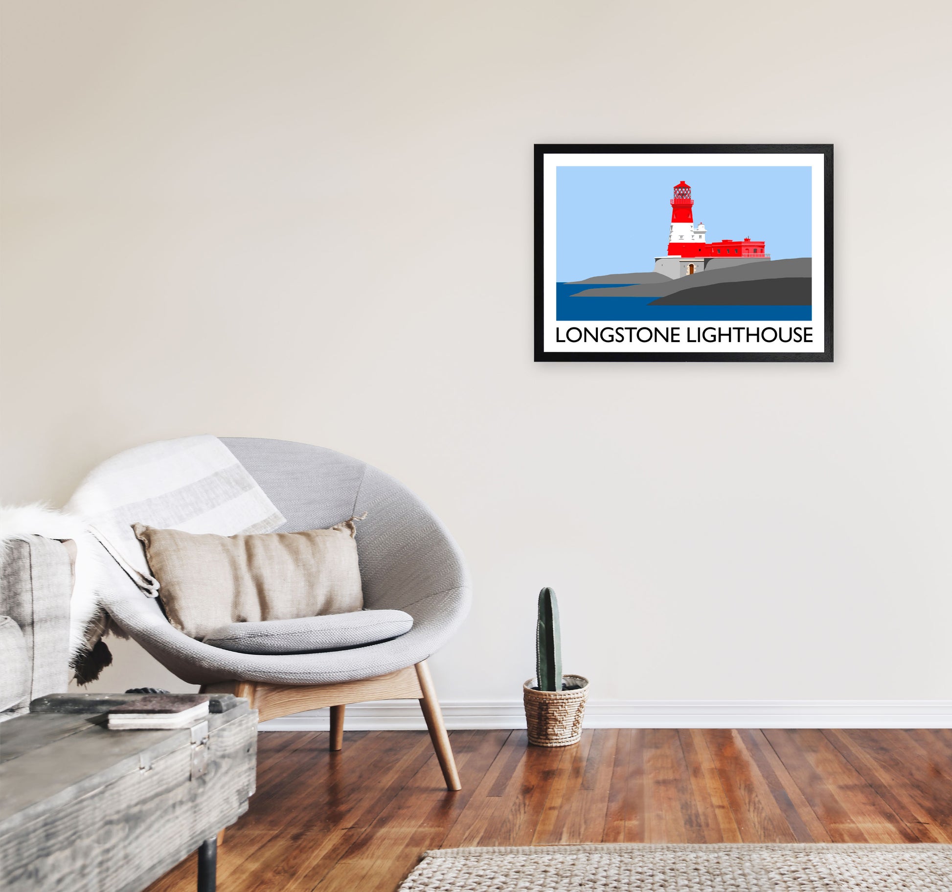 Longstone Lighthouse Travel Art Print by Richard O'Neill, Framed Wall Art A2 White Frame