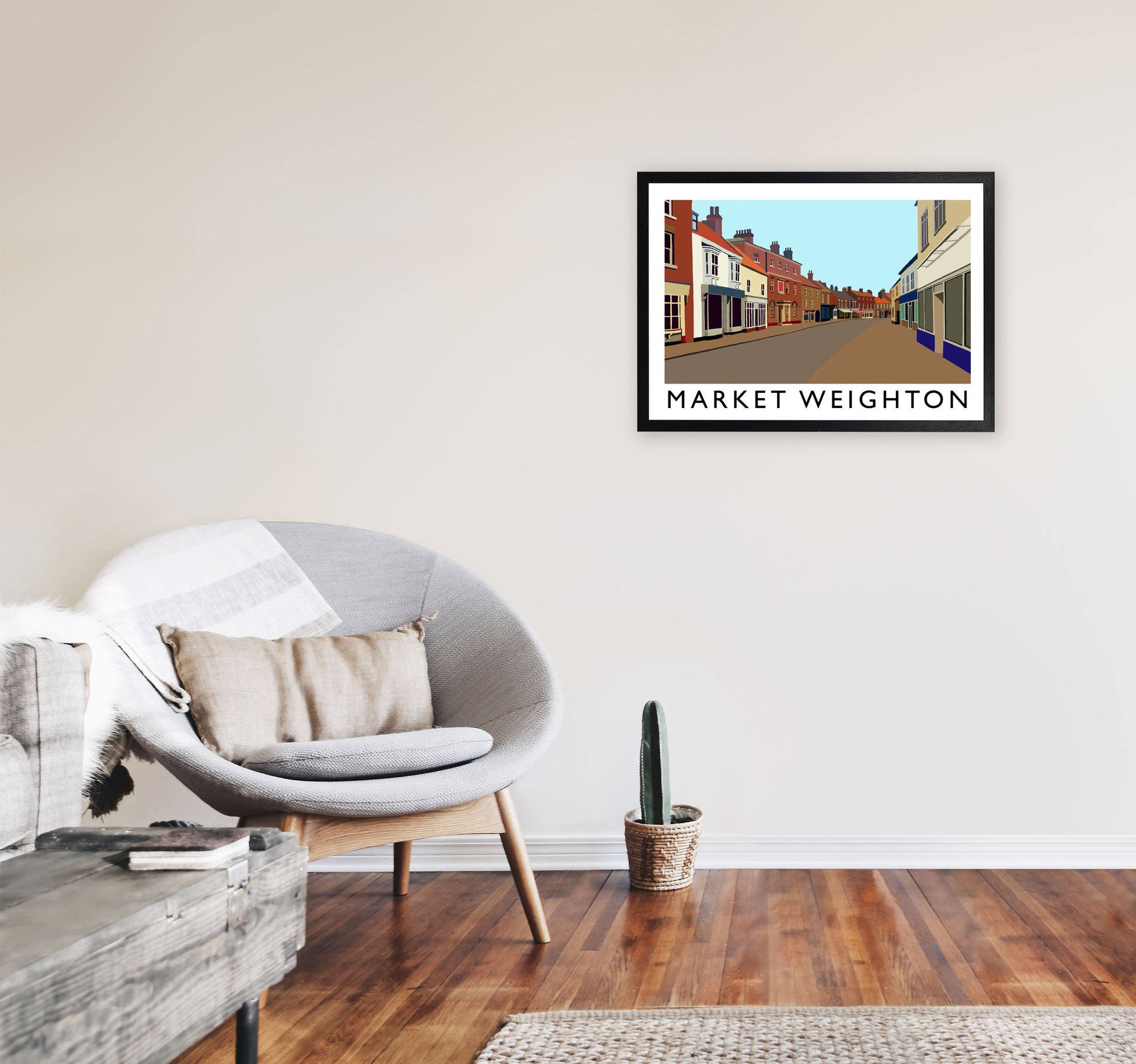 Market Weighton Travel Art Print by Richard O'Neill, Framed Wall Art A2 White Frame