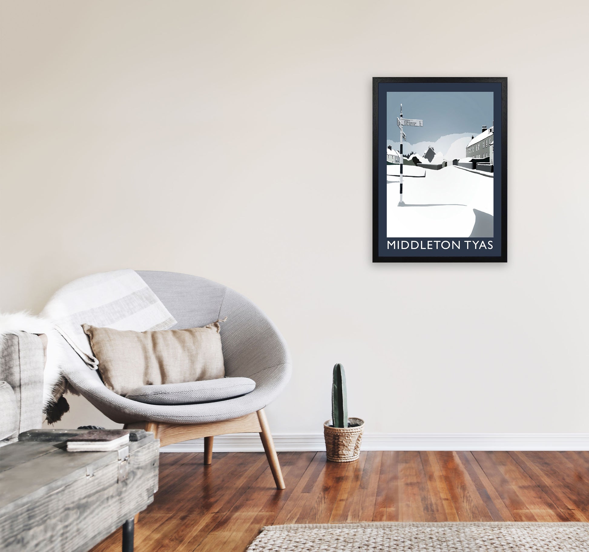 Middleton Tyas in Snow Portrait Travel Art Print by Richard O'Neill, Framed Wall Art A2 White Frame