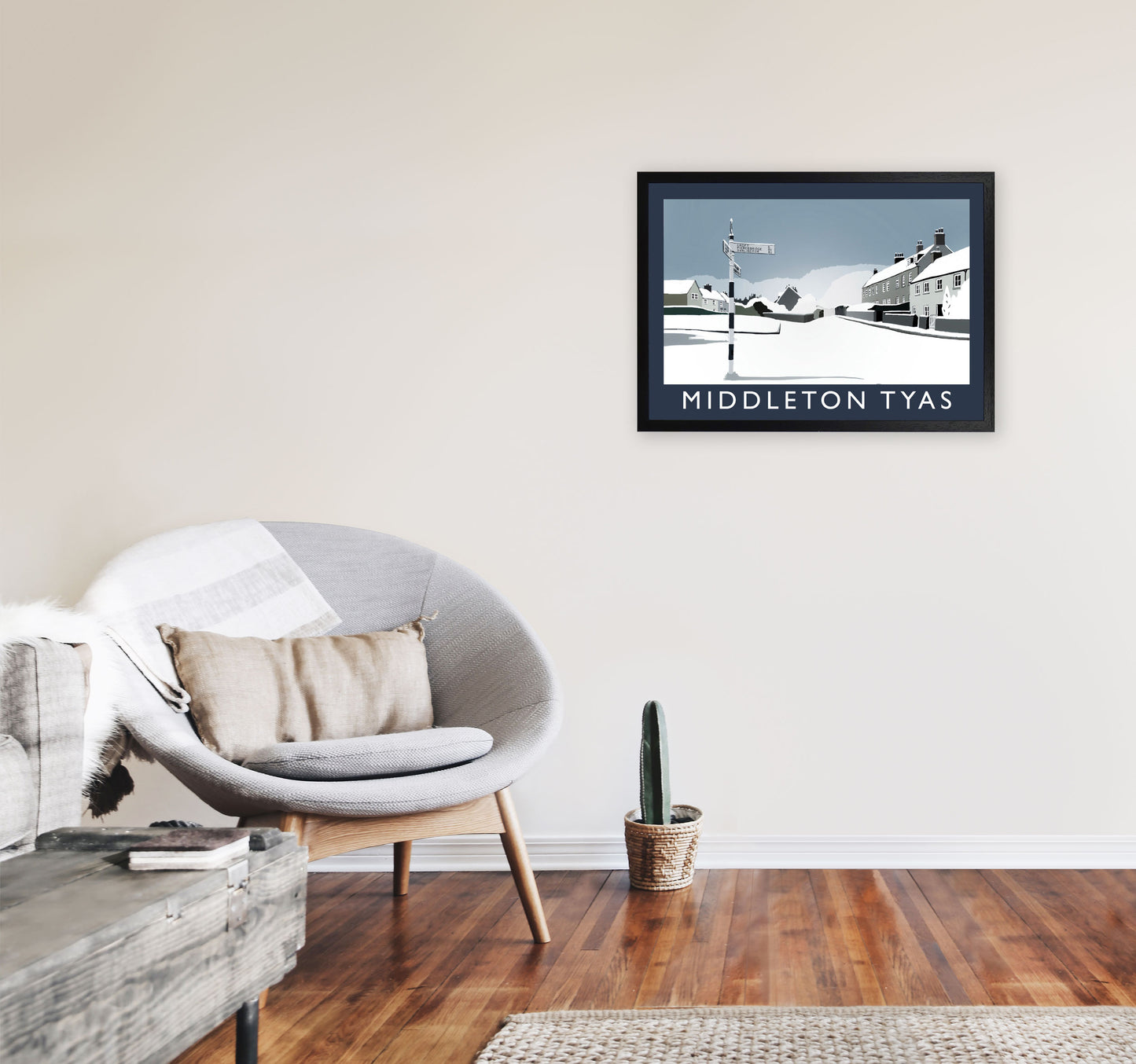 Middleton Tyas in Snow Travel Art Print by Richard O'Neill, Framed Wall Art A2 White Frame