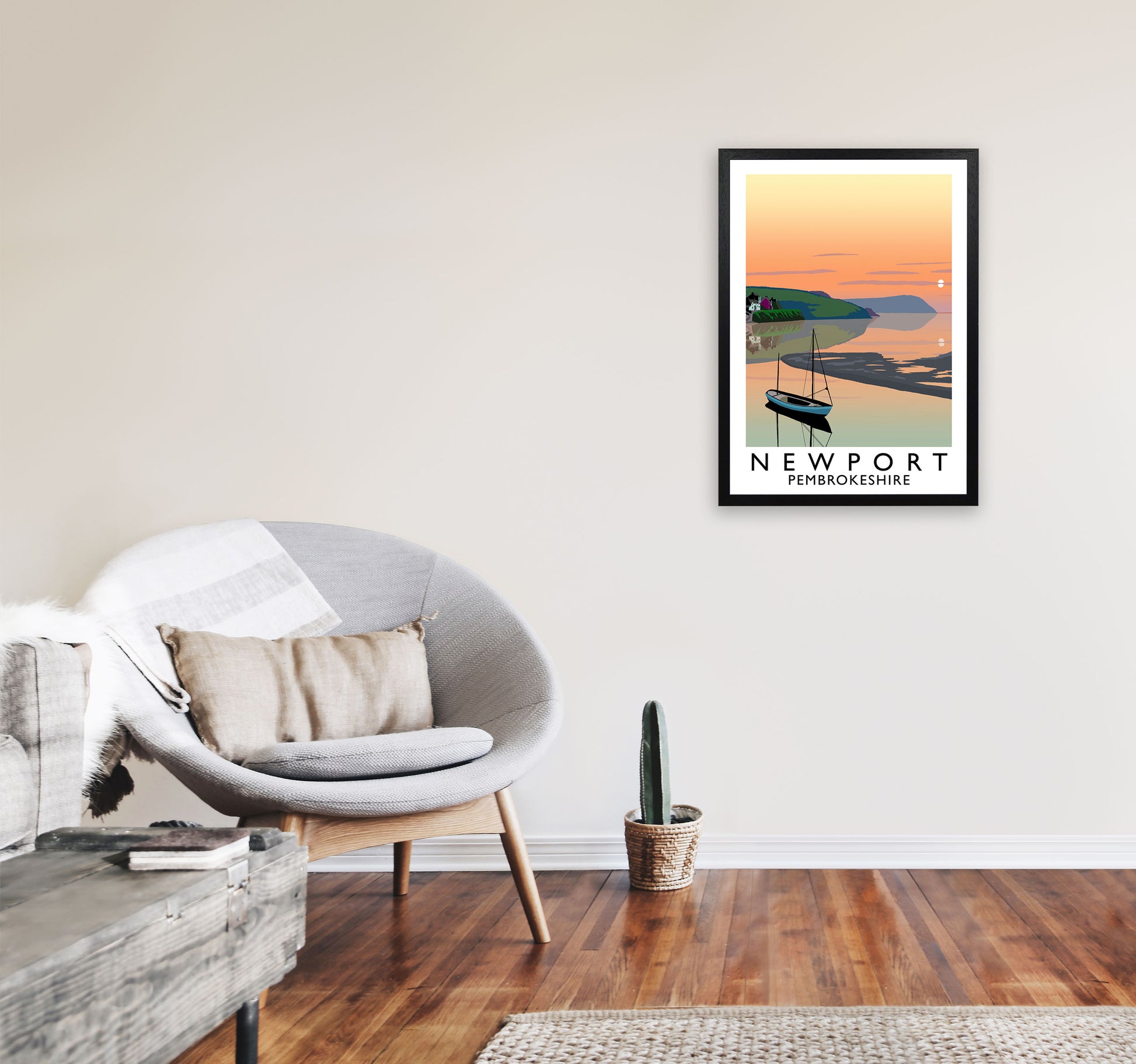 Newport Pembrokeshire Travel Art Print by Richard O'Neill, Framed Wall Art A2 White Frame