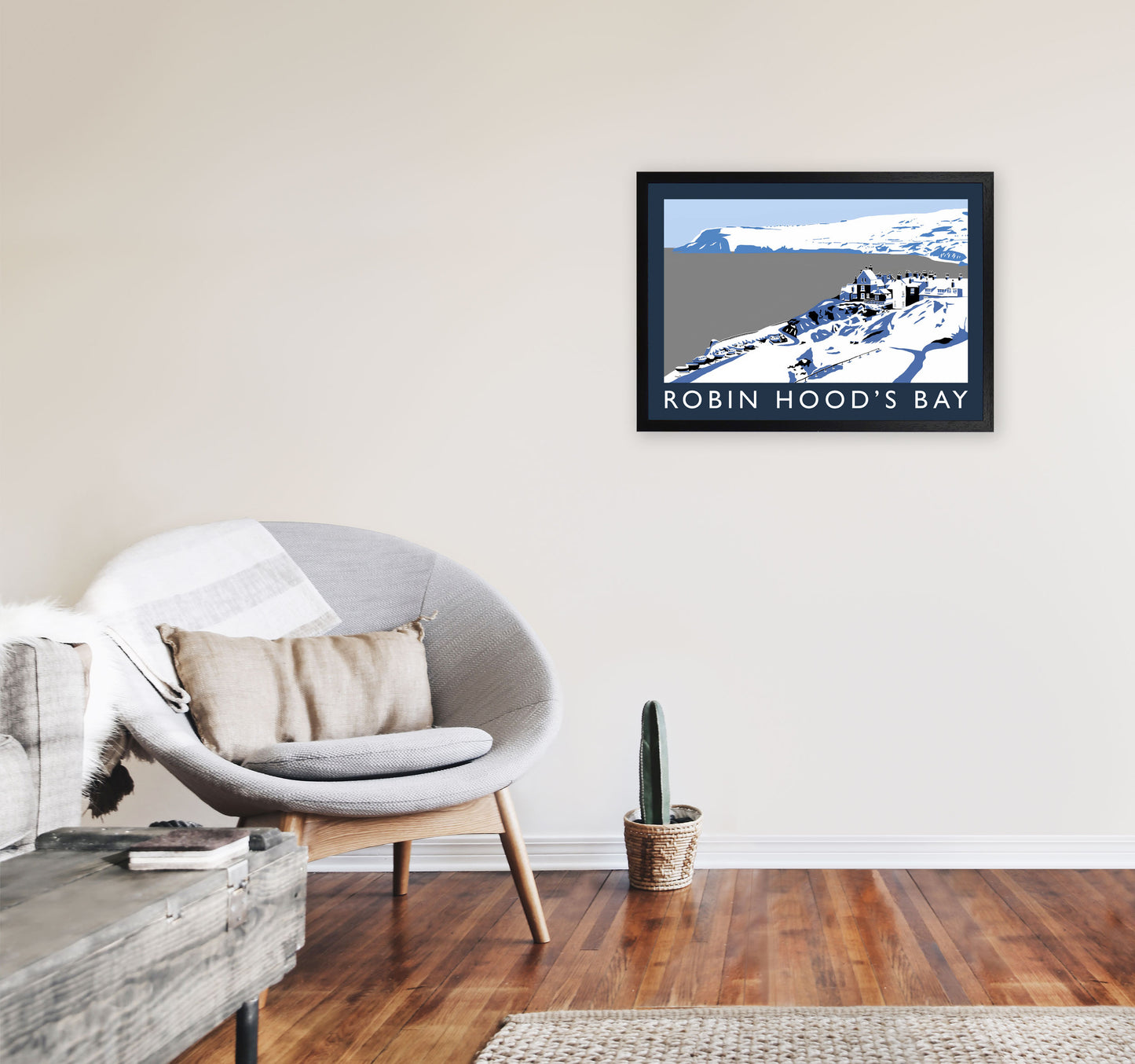 Robin Hood's Bay In Snow Travel Art Print by Richard O'Neill, Framed Wall Art A2 White Frame