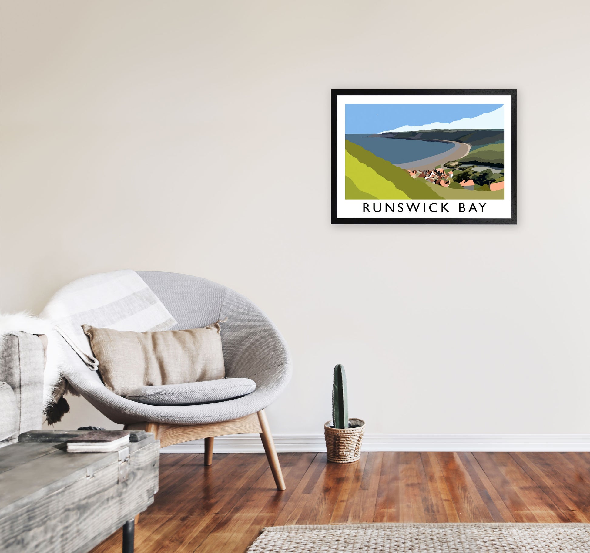 Runswick Bay Travel Art Print by Richard O'Neill, Framed Wall Art A2 White Frame