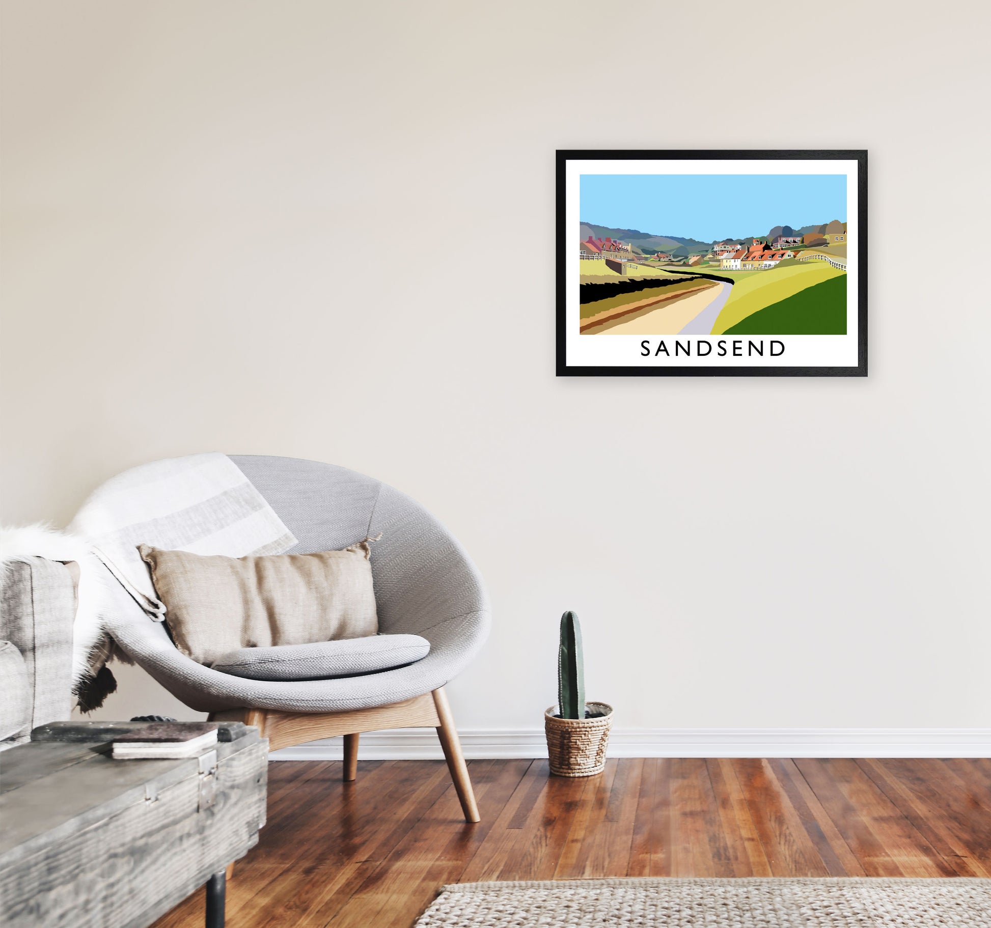 Sandsend Travel Art Print by Richard O'Neill, Framed Wall Art A2 White Frame