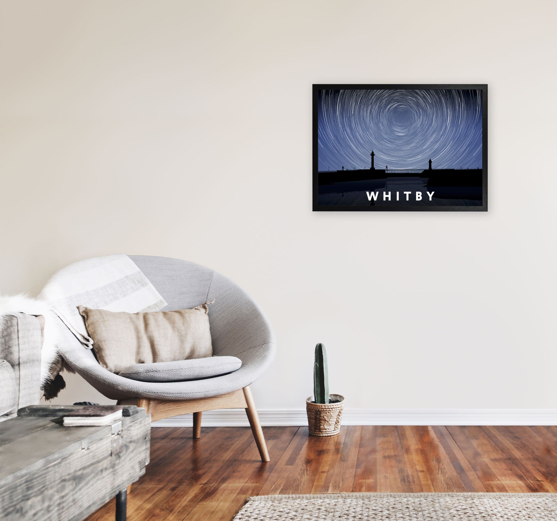 Whitby Night Timelapse Art Print by Richard O'Neill, Framed Wall Art A2 White Frame