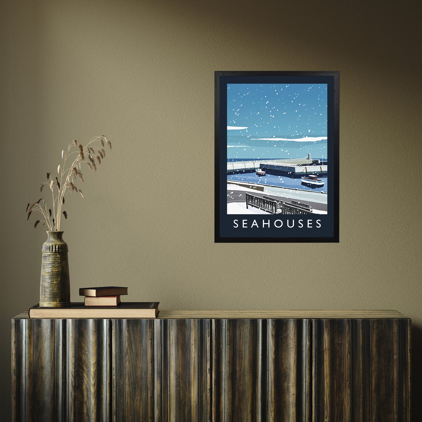 Seahouses (snow) portrait by Richard O'Neill A2 Black Frame