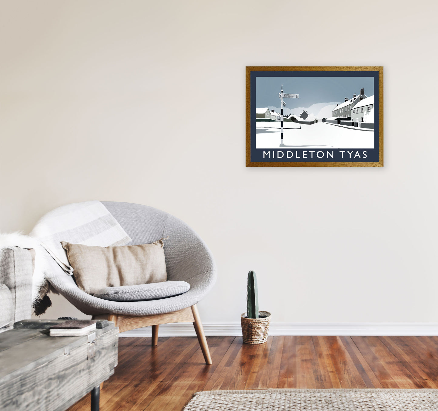 Middleton Tyas in Snow Travel Art Print by Richard O'Neill, Framed Wall Art A2 Print Only