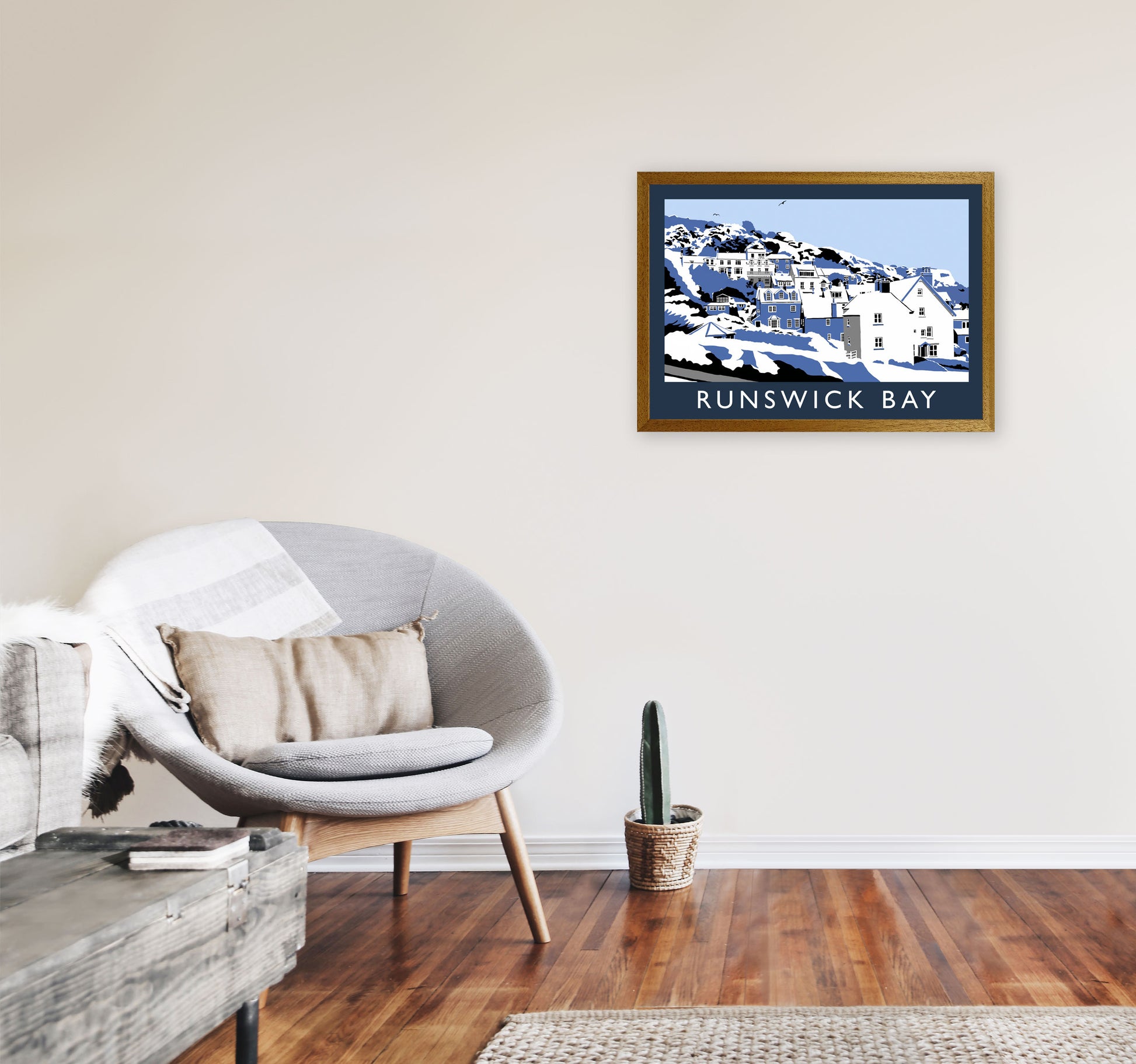 Runswick Bay In Snow Travel Art Print by Richard O'Neill, Framed Wall Art A2 Print Only