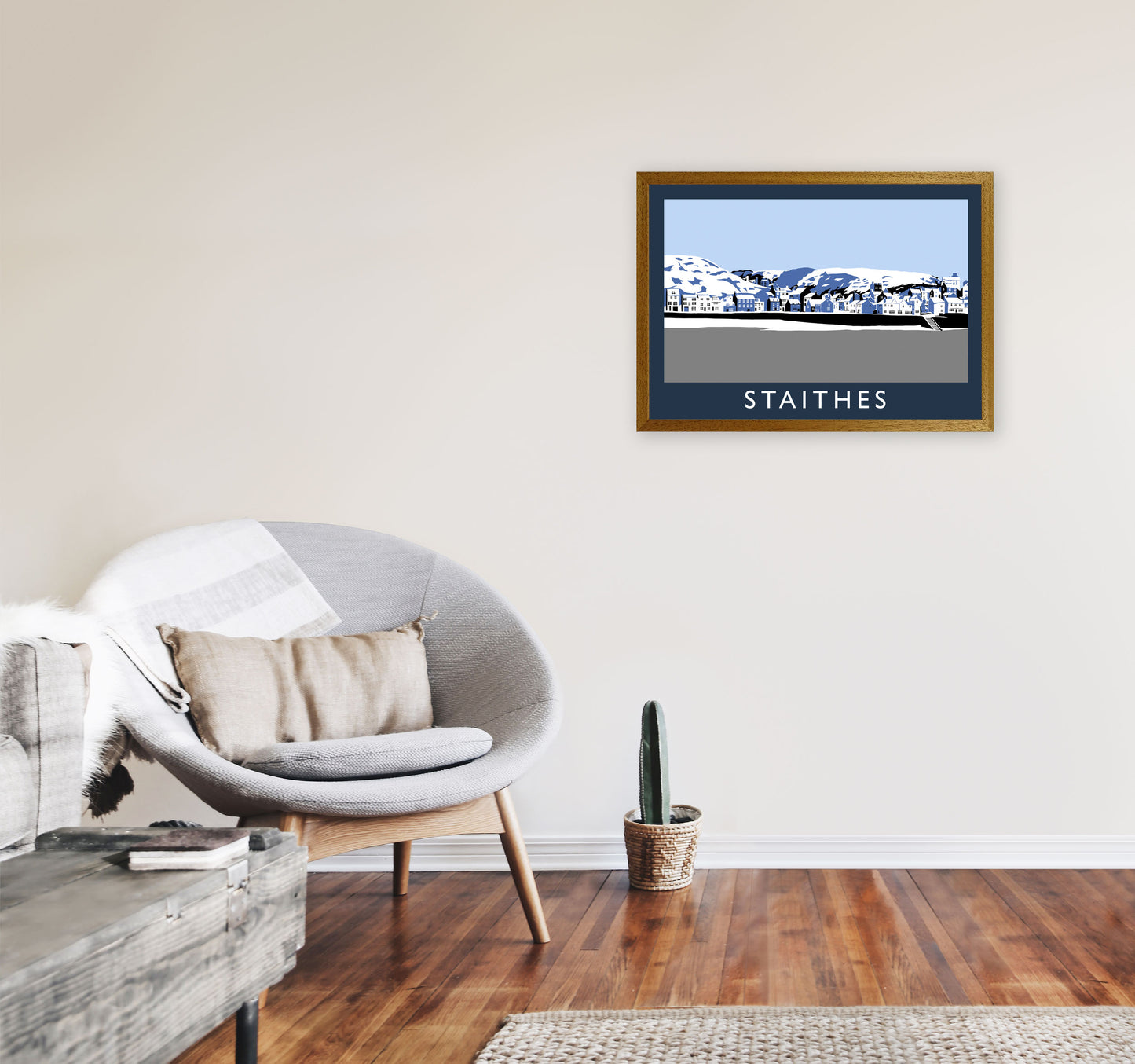 Staithes In Snow Travel Art Print by Richard O'Neill, Framed Wall Art A2 Print Only