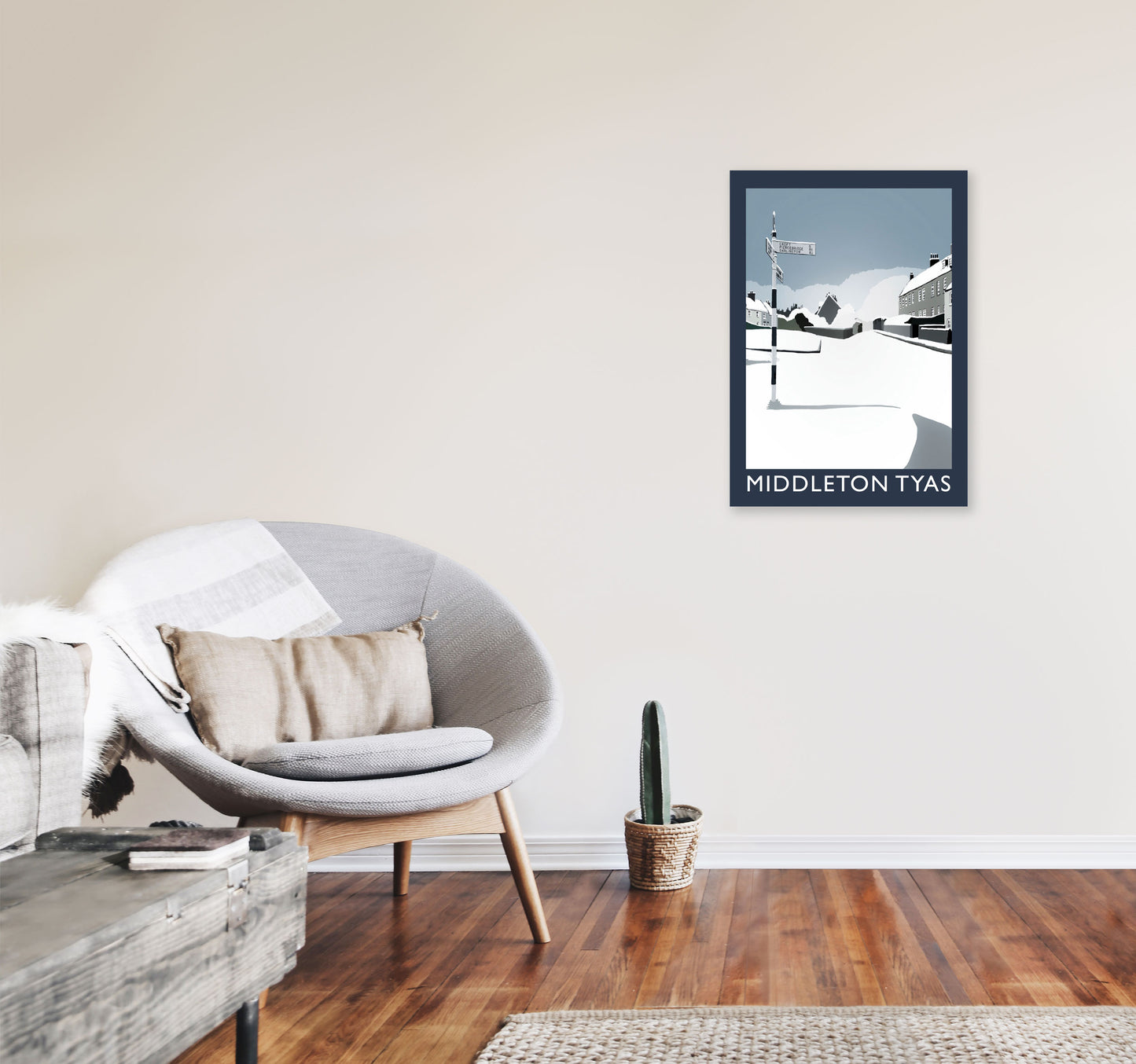 Middleton Tyas in Snow Portrait Travel Art Print by Richard O'Neill, Framed Wall Art A2 Black Frame