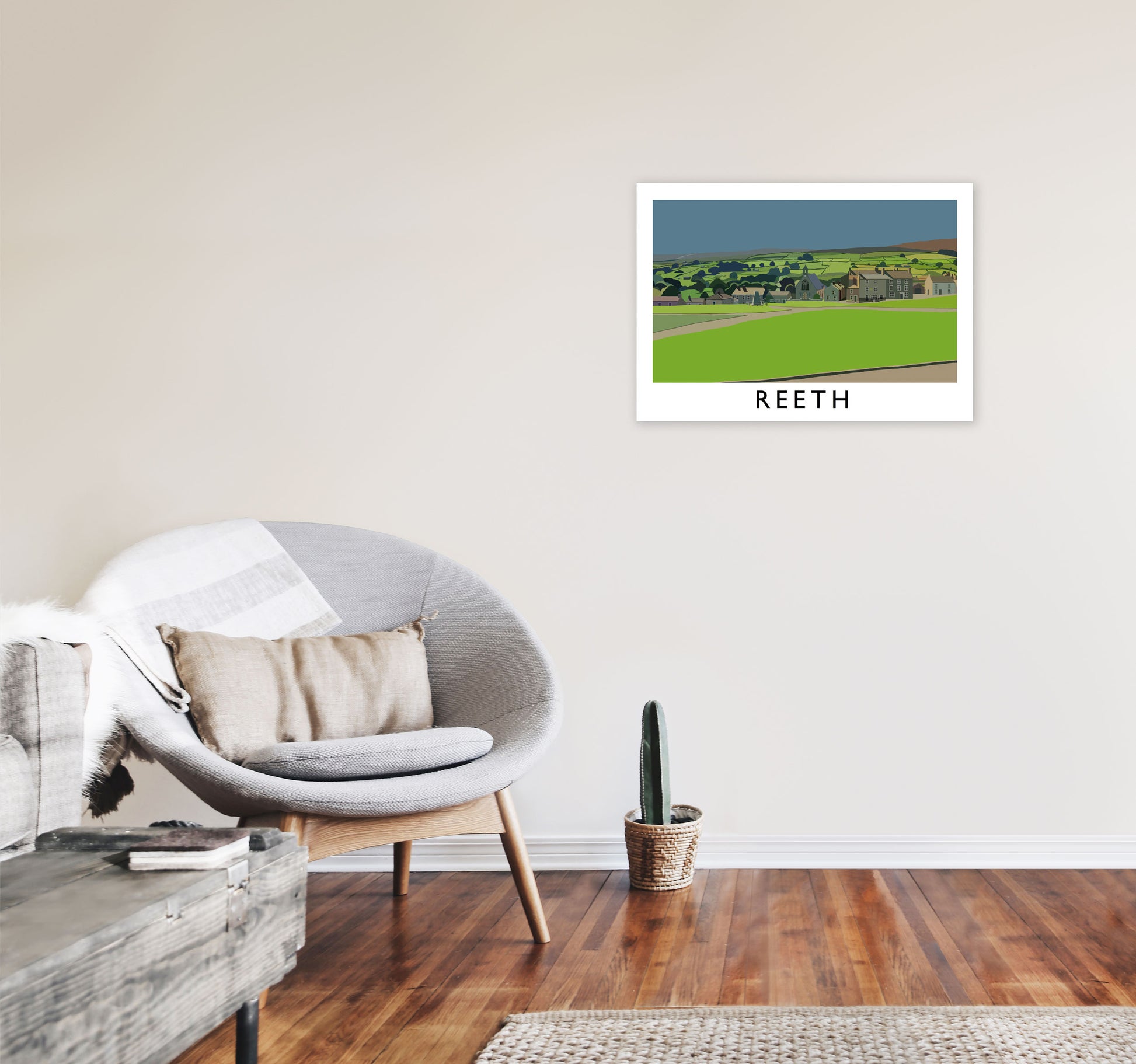 Reeth Travel Art Print by Richard O'Neill, Framed Wall Art A2 Black Frame