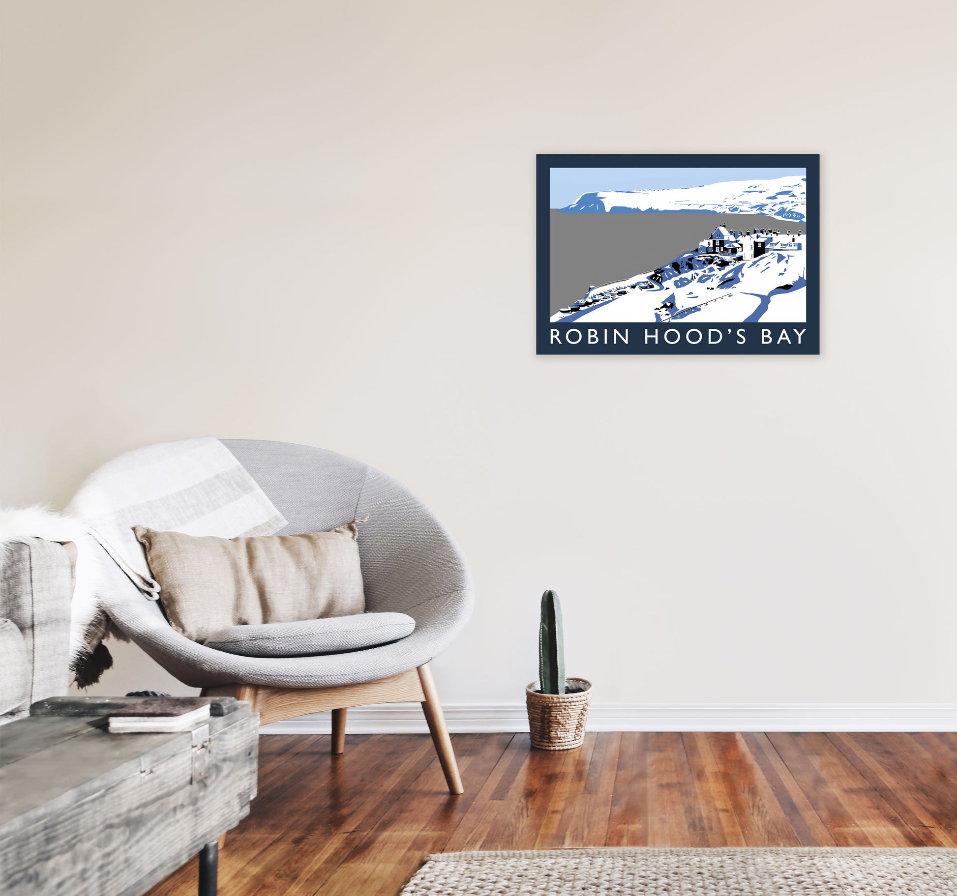 Robin Hood's Bay In Snow Travel Art Print by Richard O'Neill, Framed Wall Art A2 Black Frame