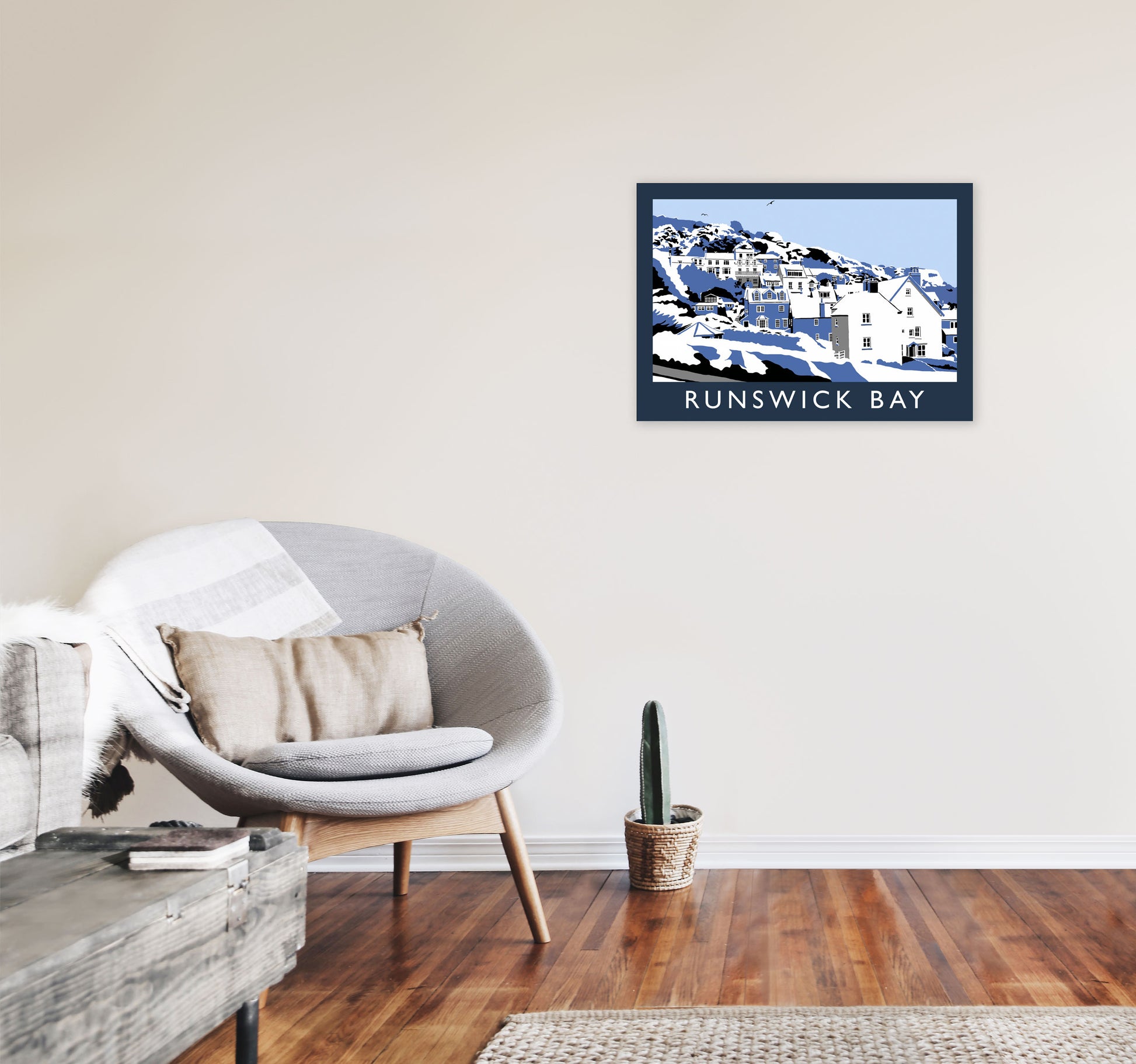 Runswick Bay In Snow Travel Art Print by Richard O'Neill, Framed Wall Art A2 Black Frame