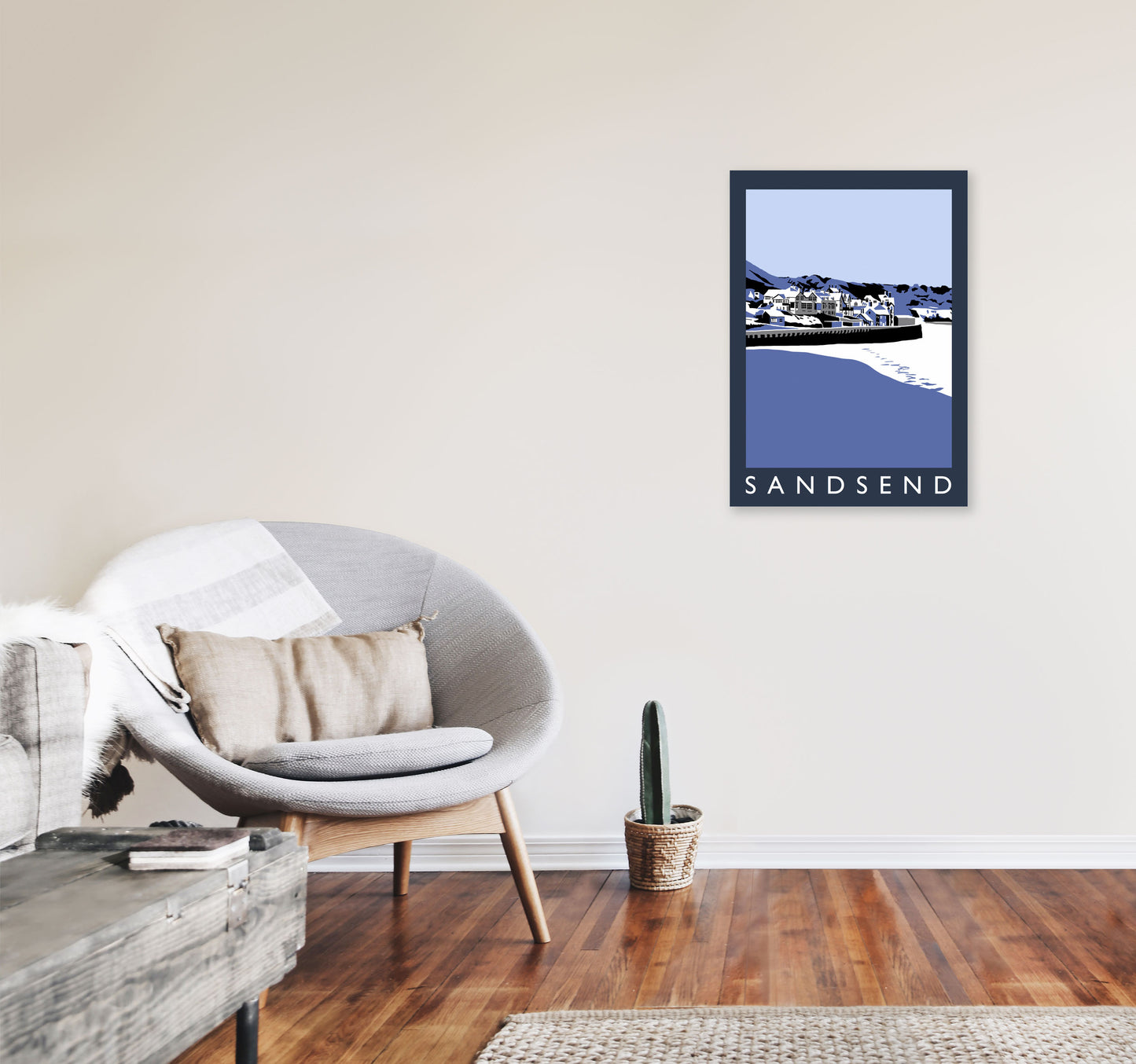 Sandsend In Snow PortraitTravel Art Print by Richard O'Neill, Framed Wall Art A2 Black Frame