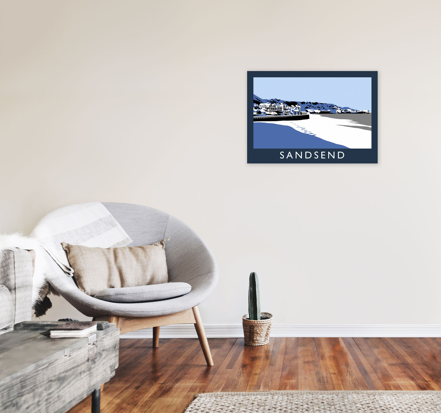 Sandsend In Snow Travel Art Print by Richard O'Neill, Framed Wall Art A2 Black Frame