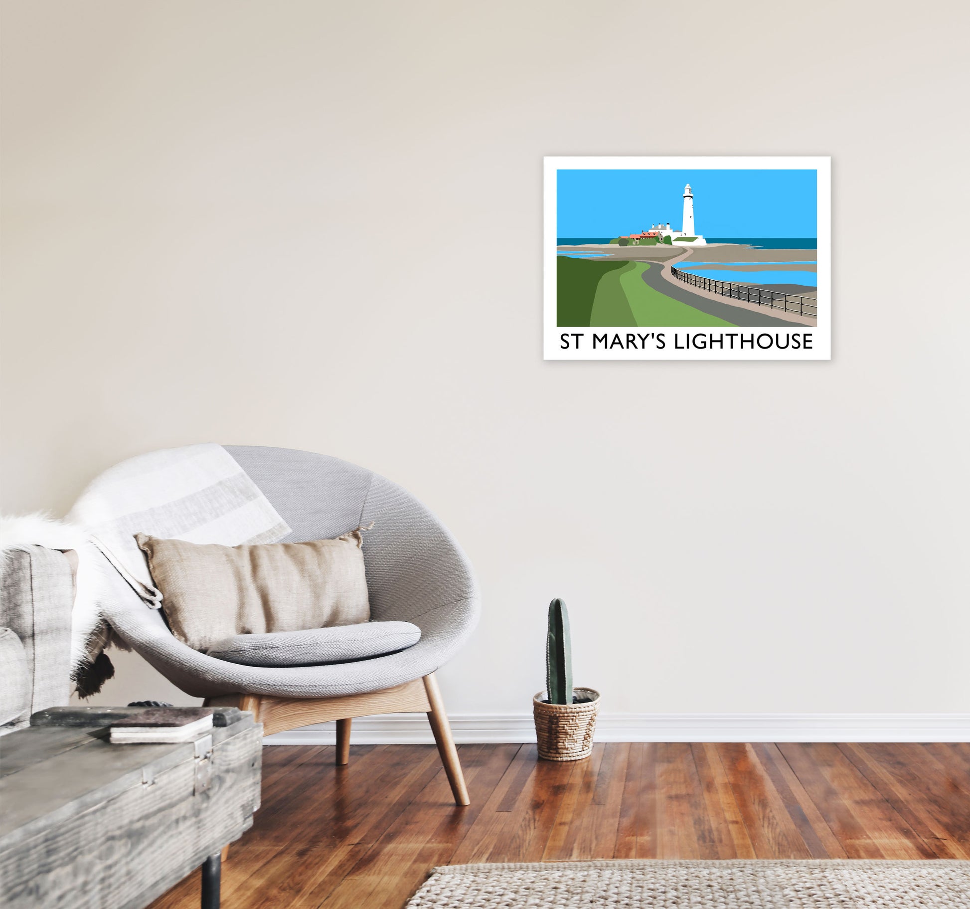 St Mary's Lighthouse Travel Art Print by Richard O'Neill A2 Black Frame