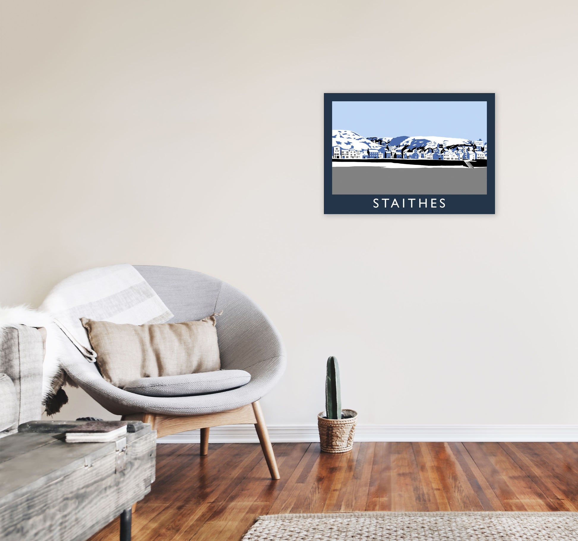 Staithes In Snow Travel Art Print by Richard O'Neill, Framed Wall Art A2 Black Frame