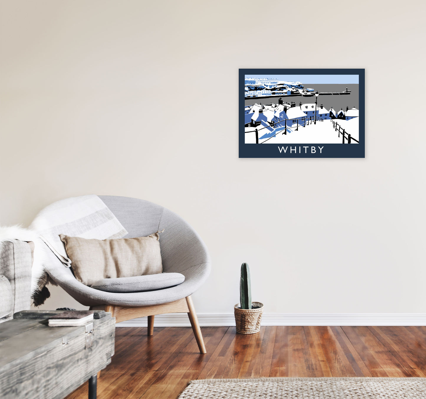 Whitby in Snow Travel Art Print by Richard O'Neill, Framed Wall Art A2 Black Frame