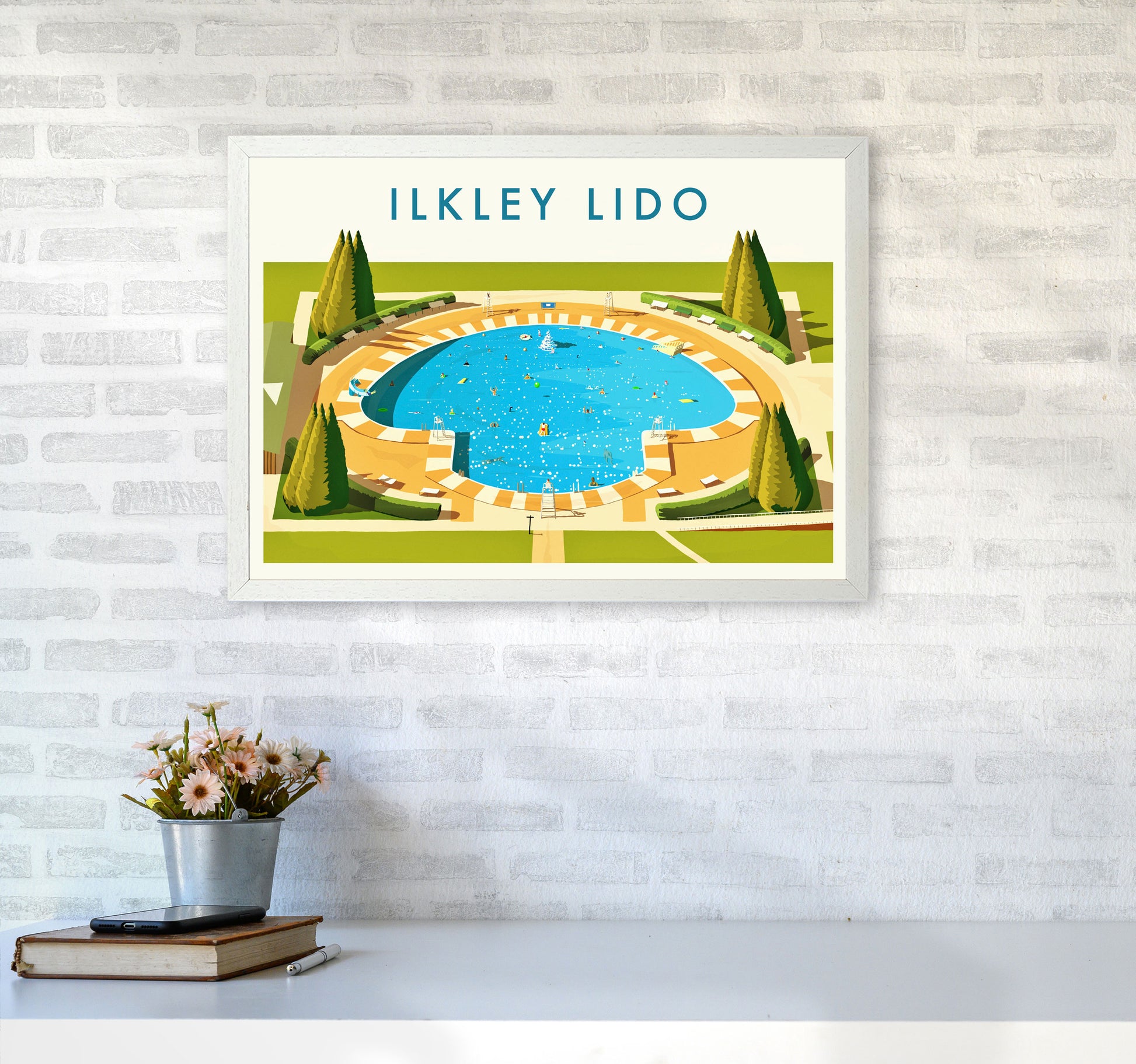 Ilkley Lido Travel Art Print by Richard O'Neill A2 Oak Frame