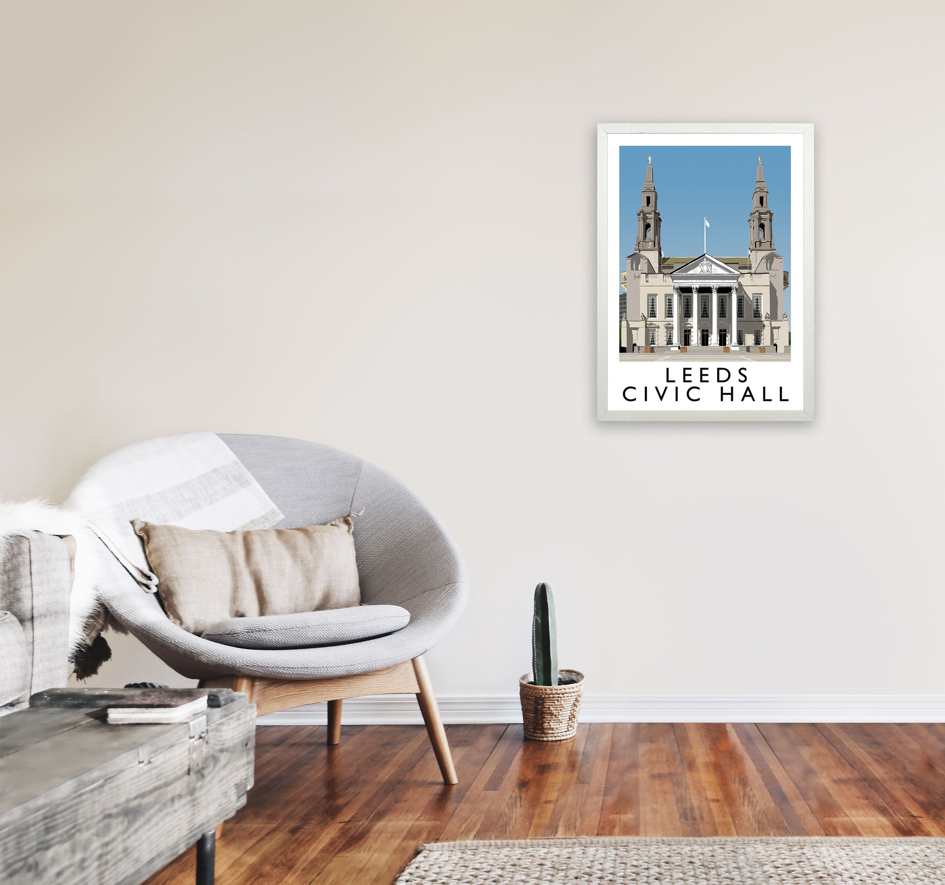 Leeds Civic Hall by Richard O'Neill Yorkshire Art Print, Vintage Travel Poster A2 Oak Frame