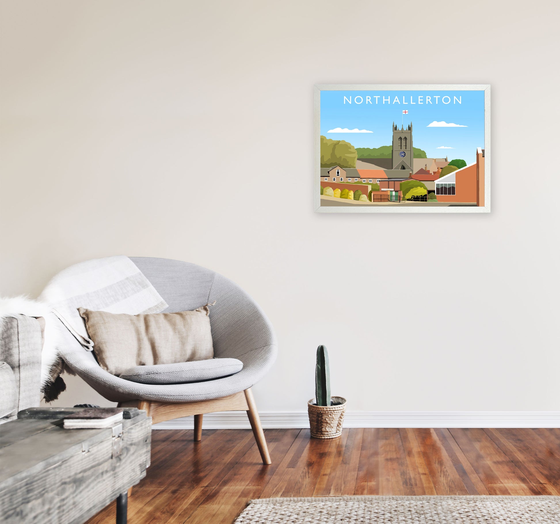 Northallerton (Landscape) by Richard O'Neill Yorkshire Art Print, Travel Poster A2 Oak Frame