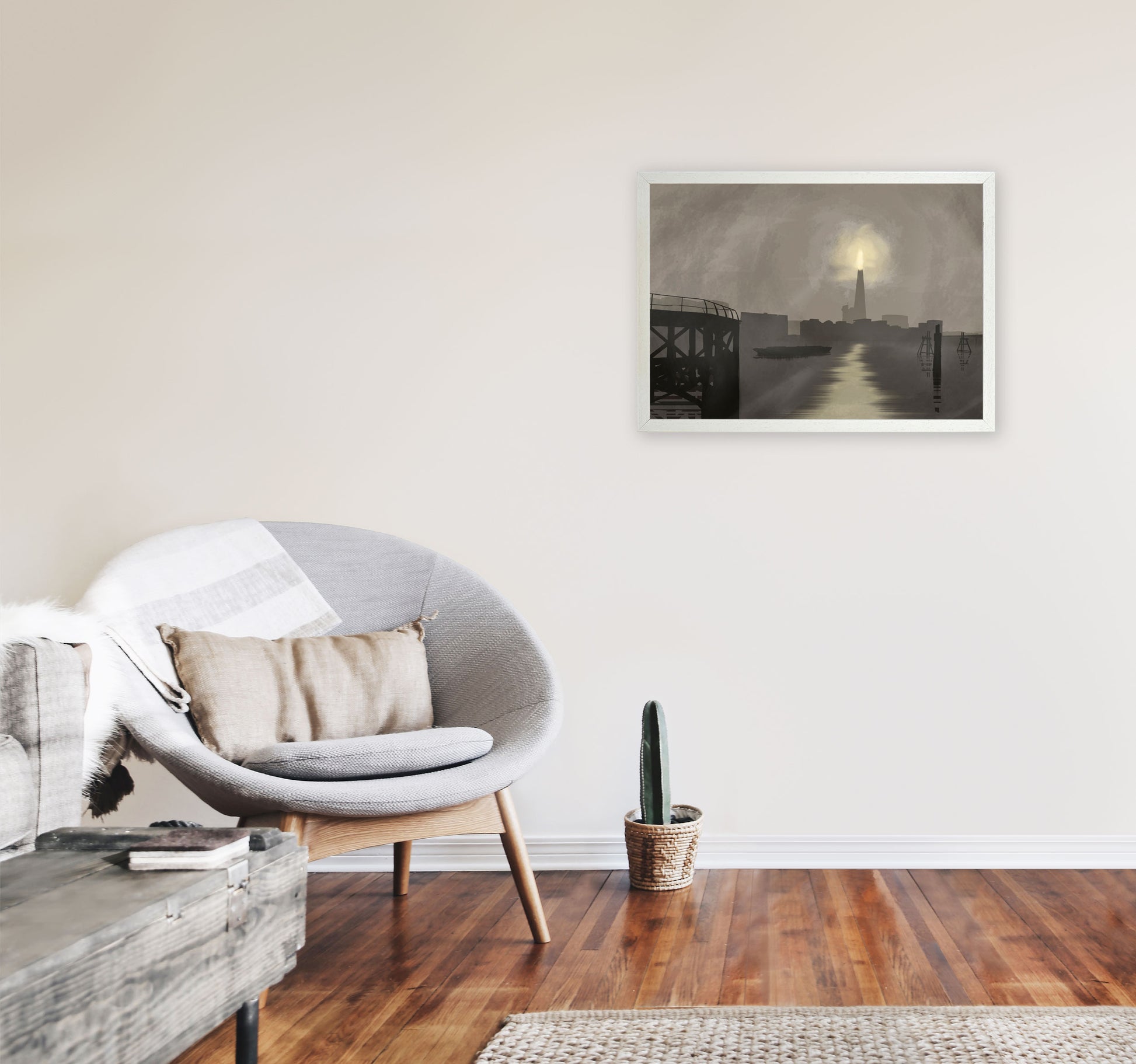 Shard In Fog Travel Art Print by Richard O'Neill, Framed Wall Art A2 Oak Frame