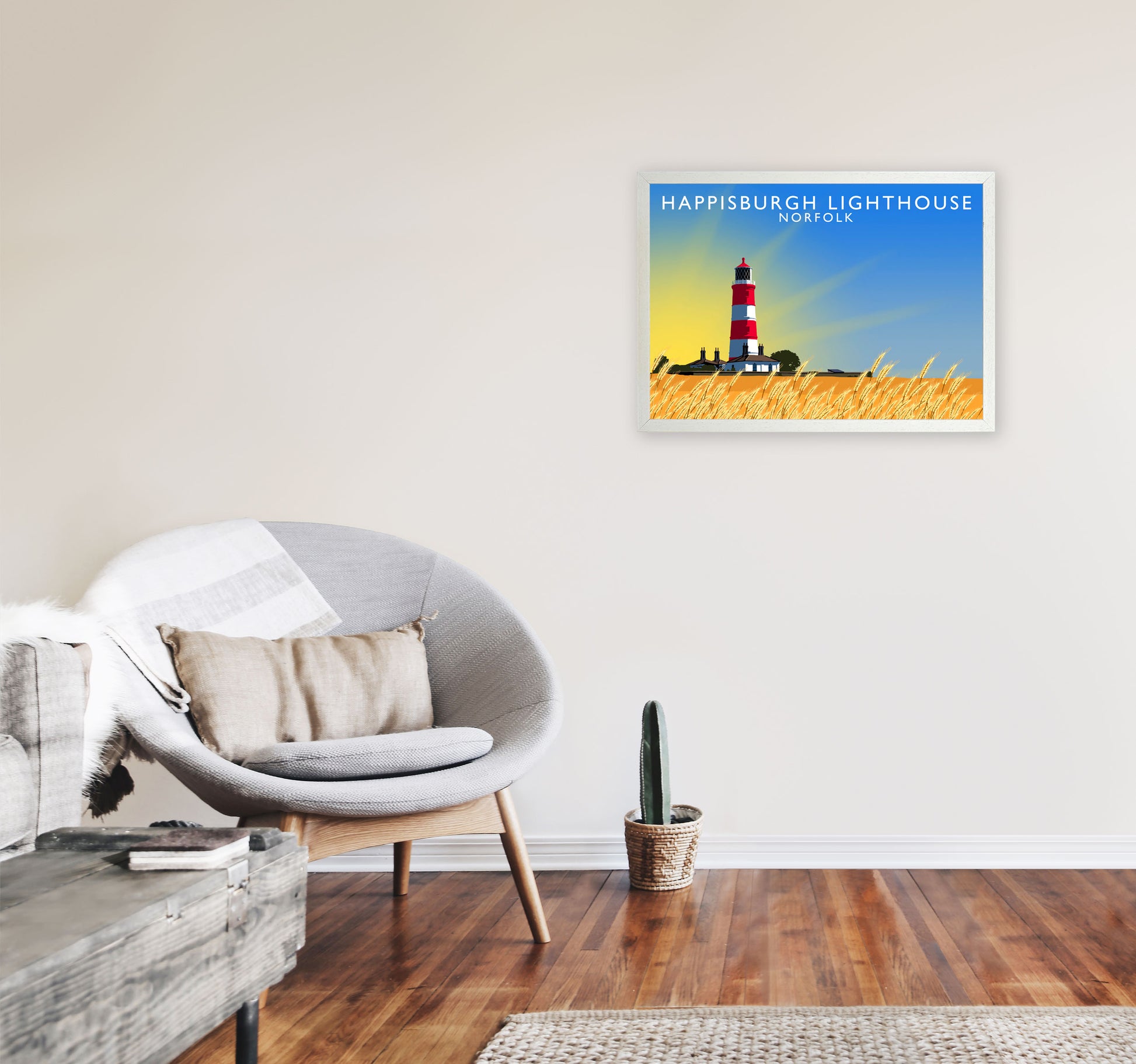 Hapisburgh Lighthouse Norfolk Art Print by Richard O'Neill, Framed Wall Art A2 Oak Frame