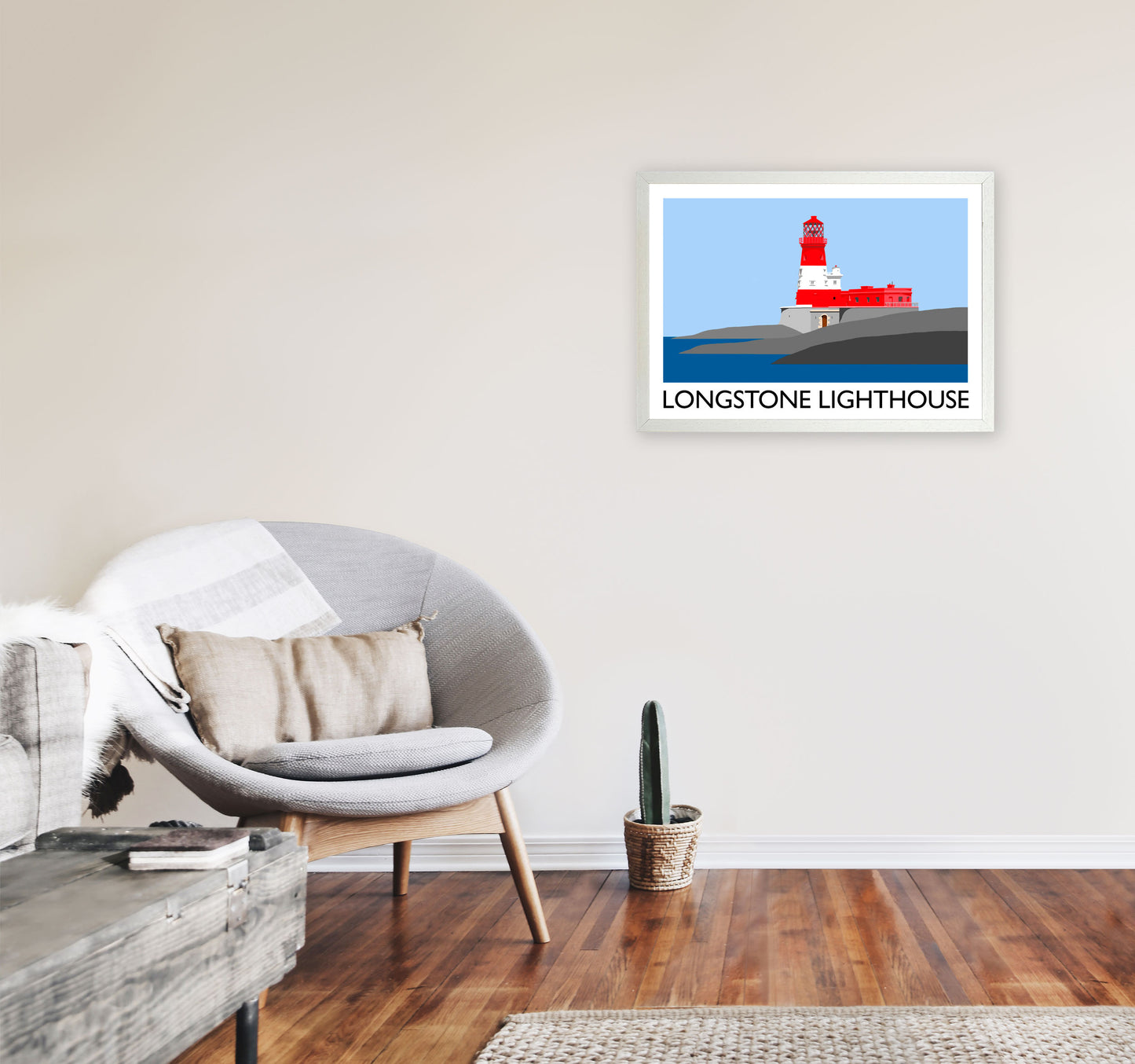 Longstone Lighthouse Travel Art Print by Richard O'Neill, Framed Wall Art A2 Oak Frame