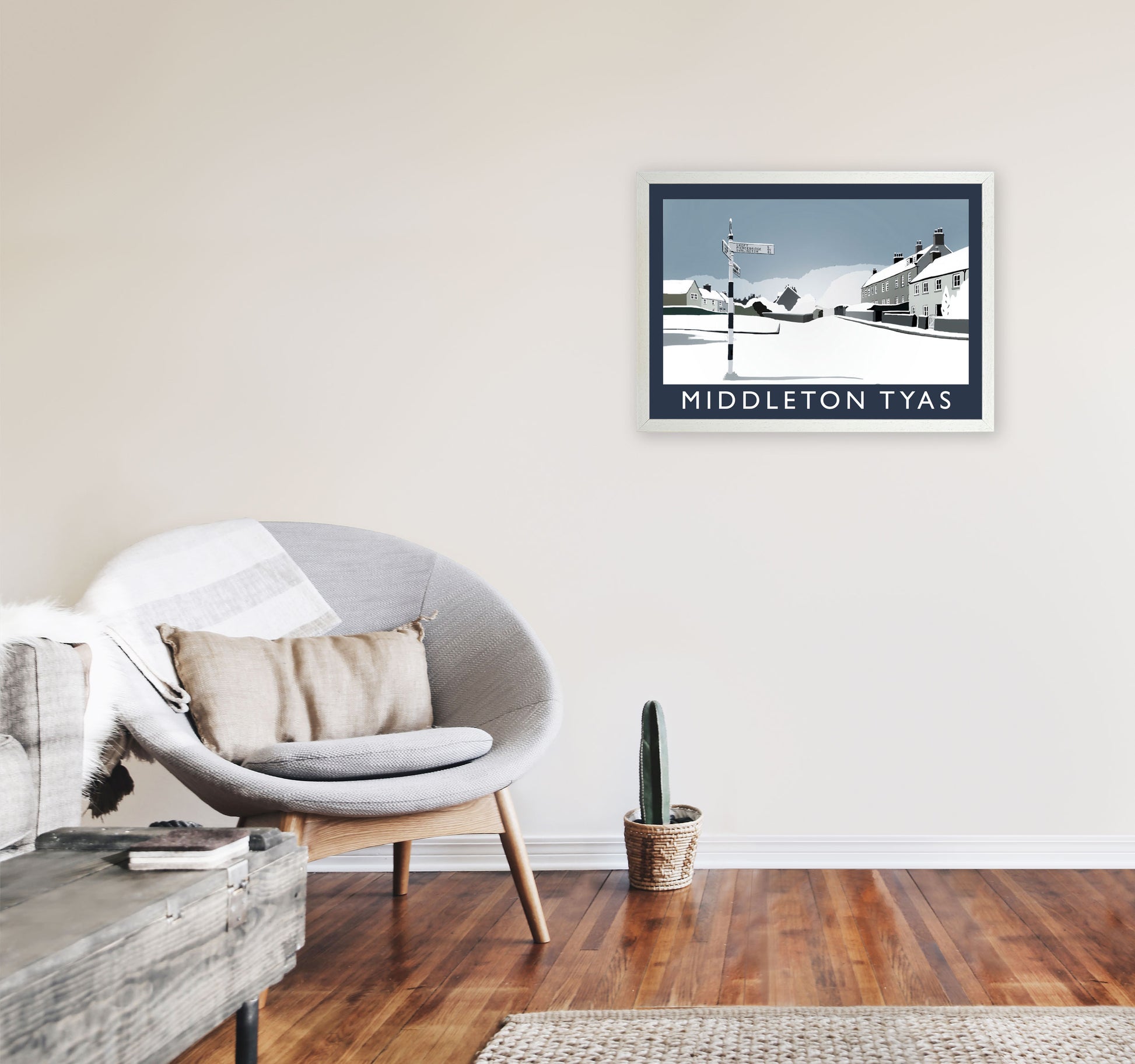 Middleton Tyas in Snow Travel Art Print by Richard O'Neill, Framed Wall Art A2 Oak Frame