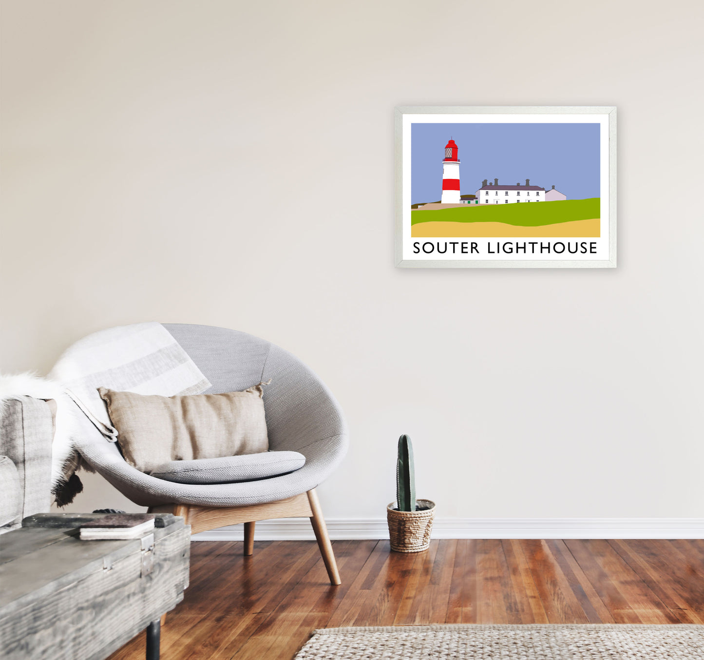 Souter Lighthouse Travel Art Print by Richard O'Neill, Framed Wall Art A2 Oak Frame