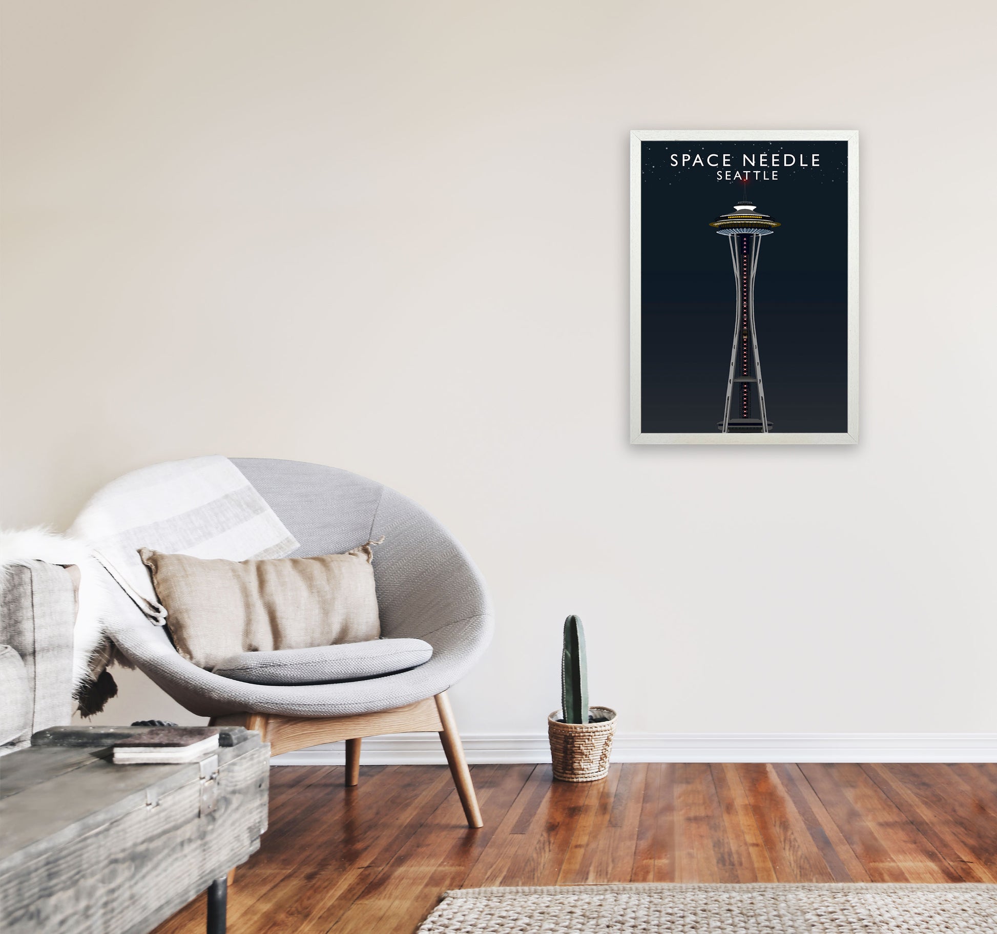 Space Needle Seattle Night Art Print by Richard O'Neill A2 Oak Frame