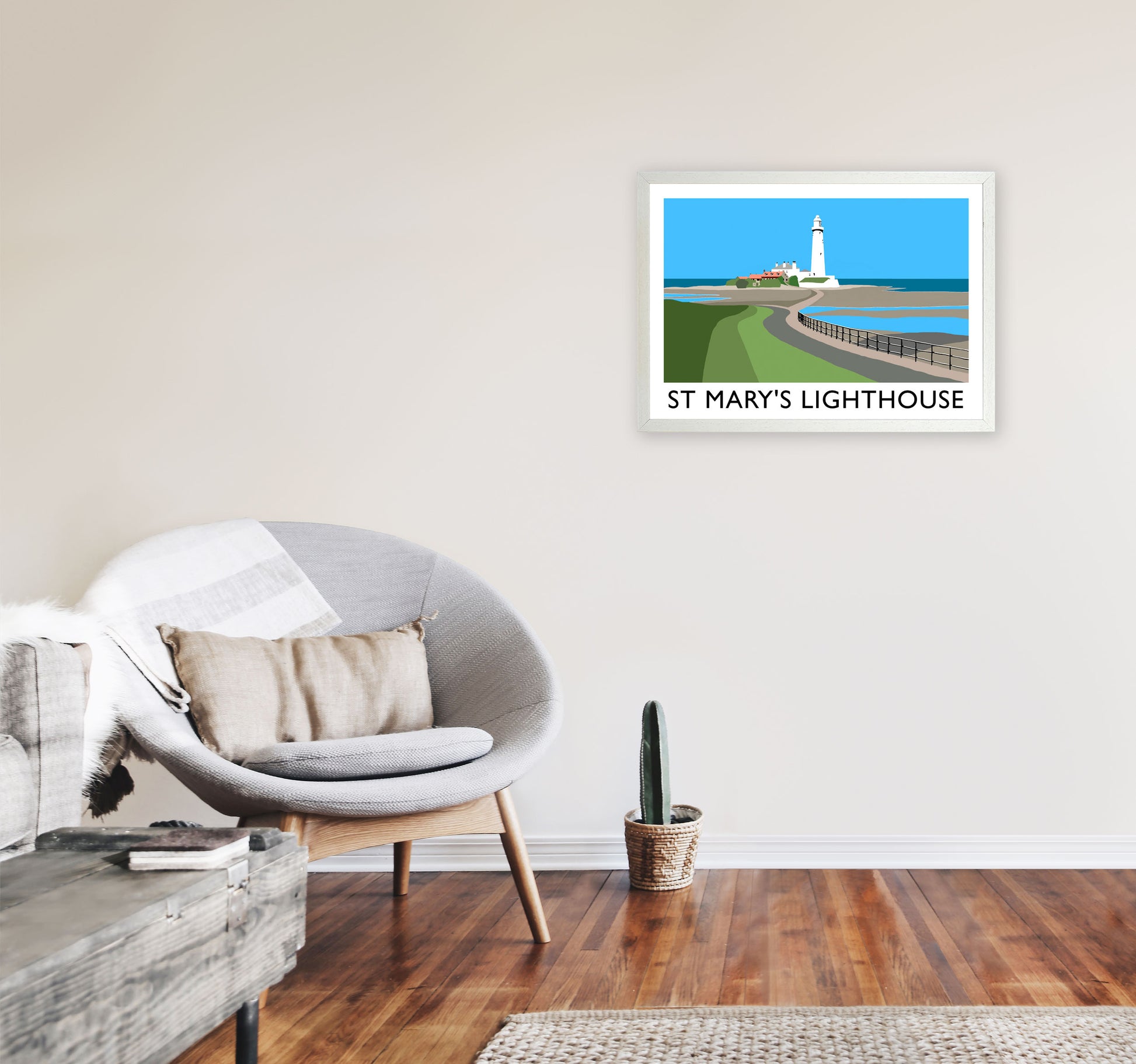 St Mary's Lighthouse Travel Art Print by Richard O'Neill A2 Oak Frame