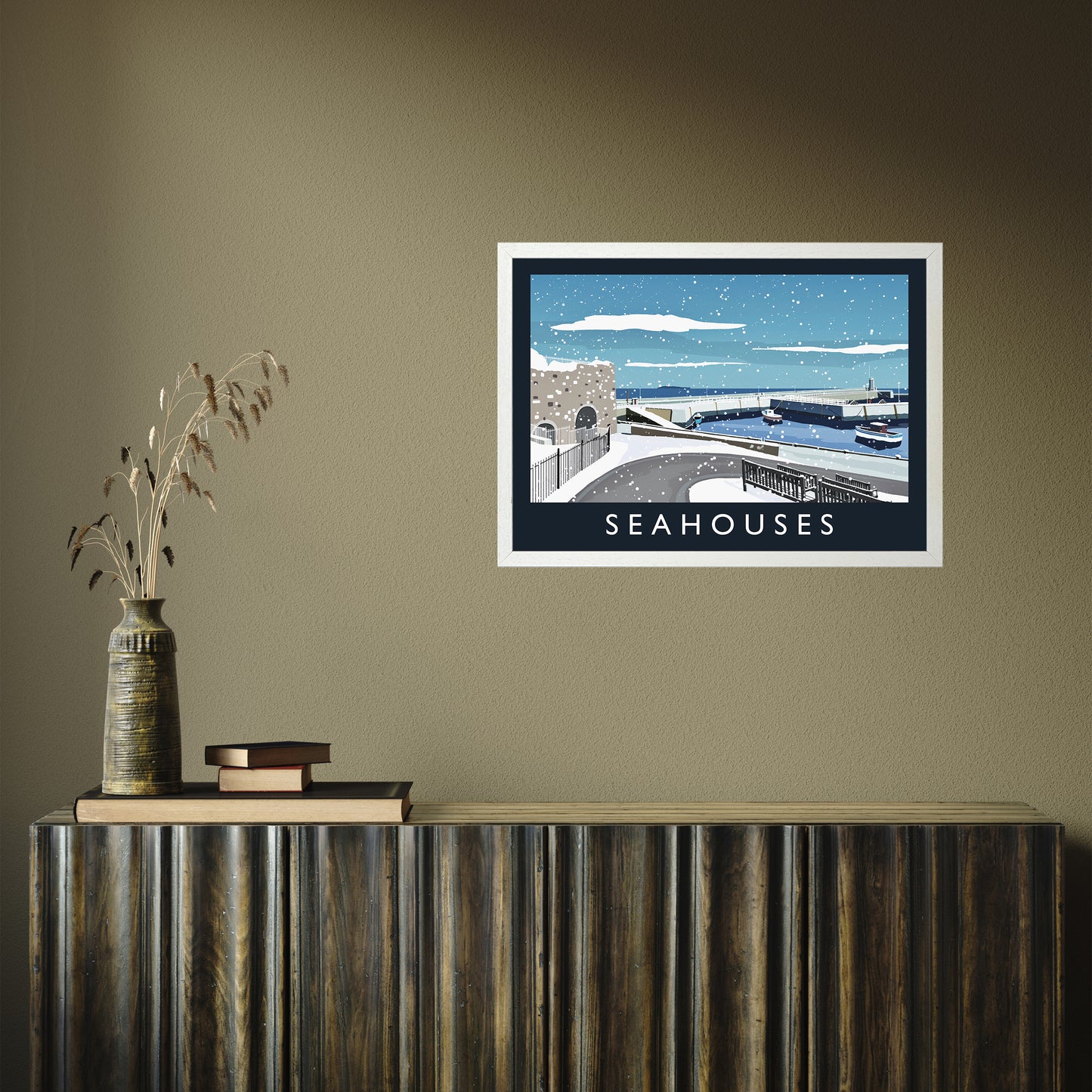 Seahouses (snow) by Richard O'Neill A2 White Frame