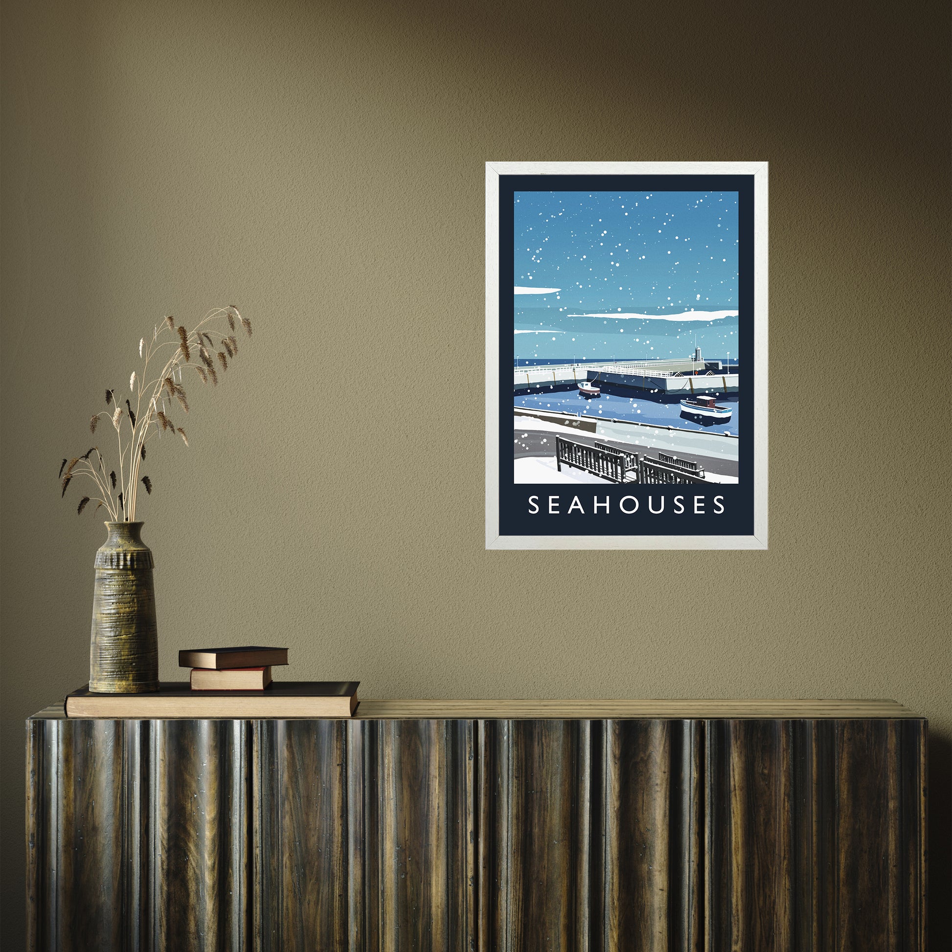 Seahouses (snow) portrait by Richard O'Neill A2 White Frame