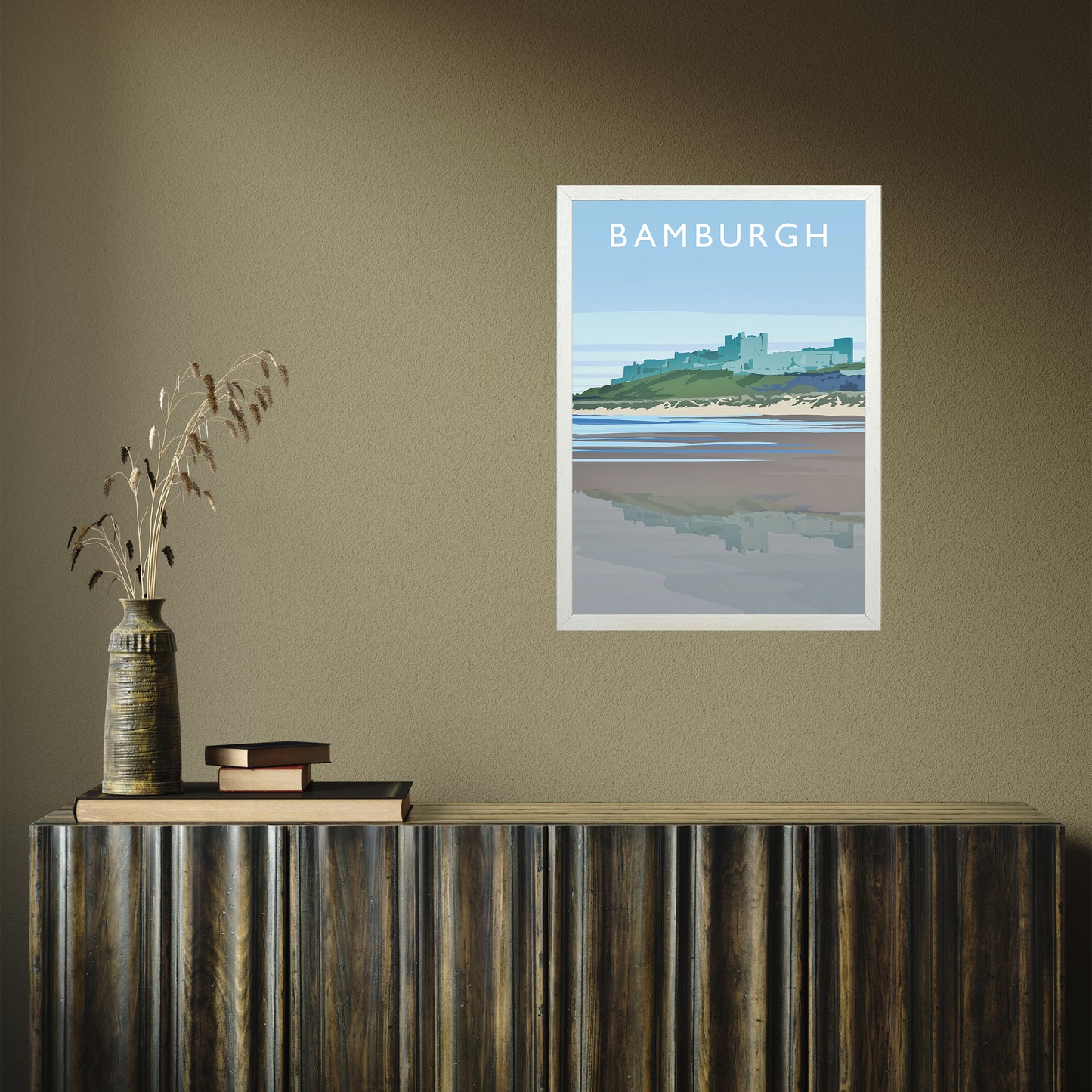 Bamburgh portrait by Richard O'Neill A2 White Frame