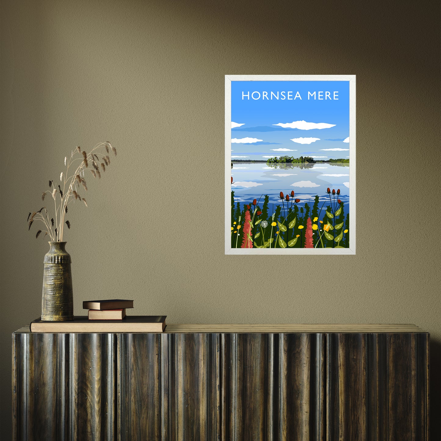 Hornsea Mere portrait by Richard O'Neill A2 White Frame