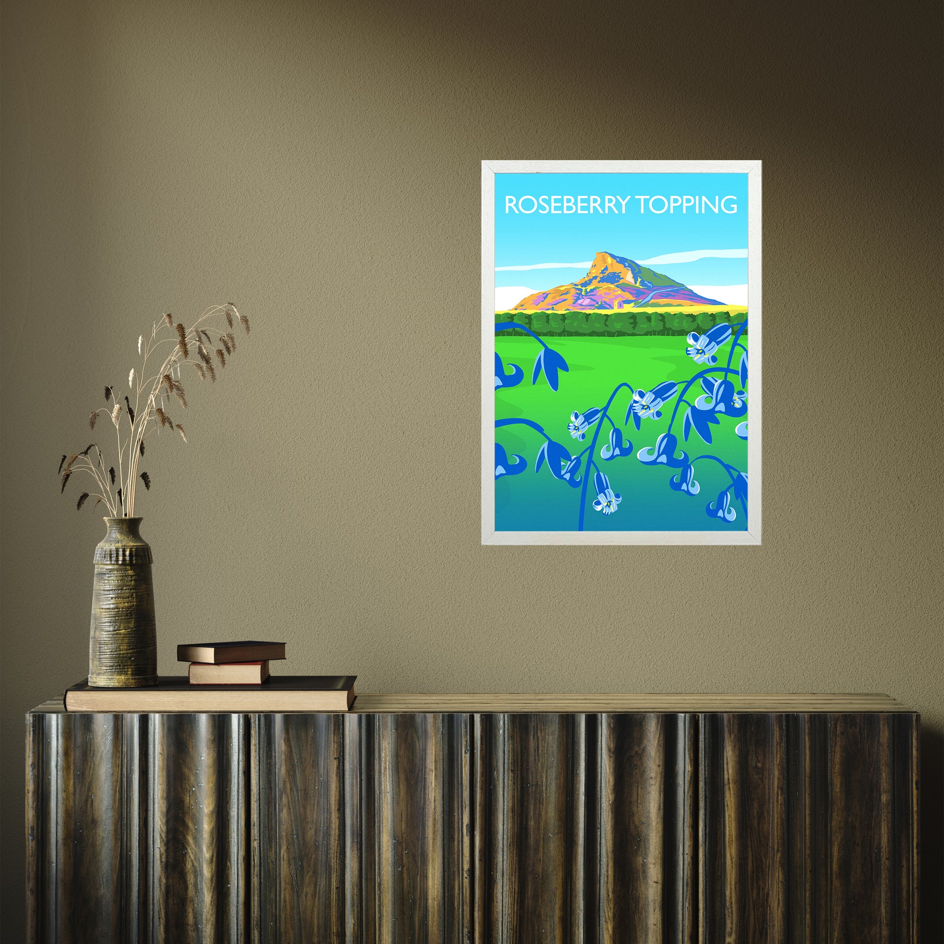 Roseberry Topping (bluebells) portrait by Richard O'Neill A2 White Frame