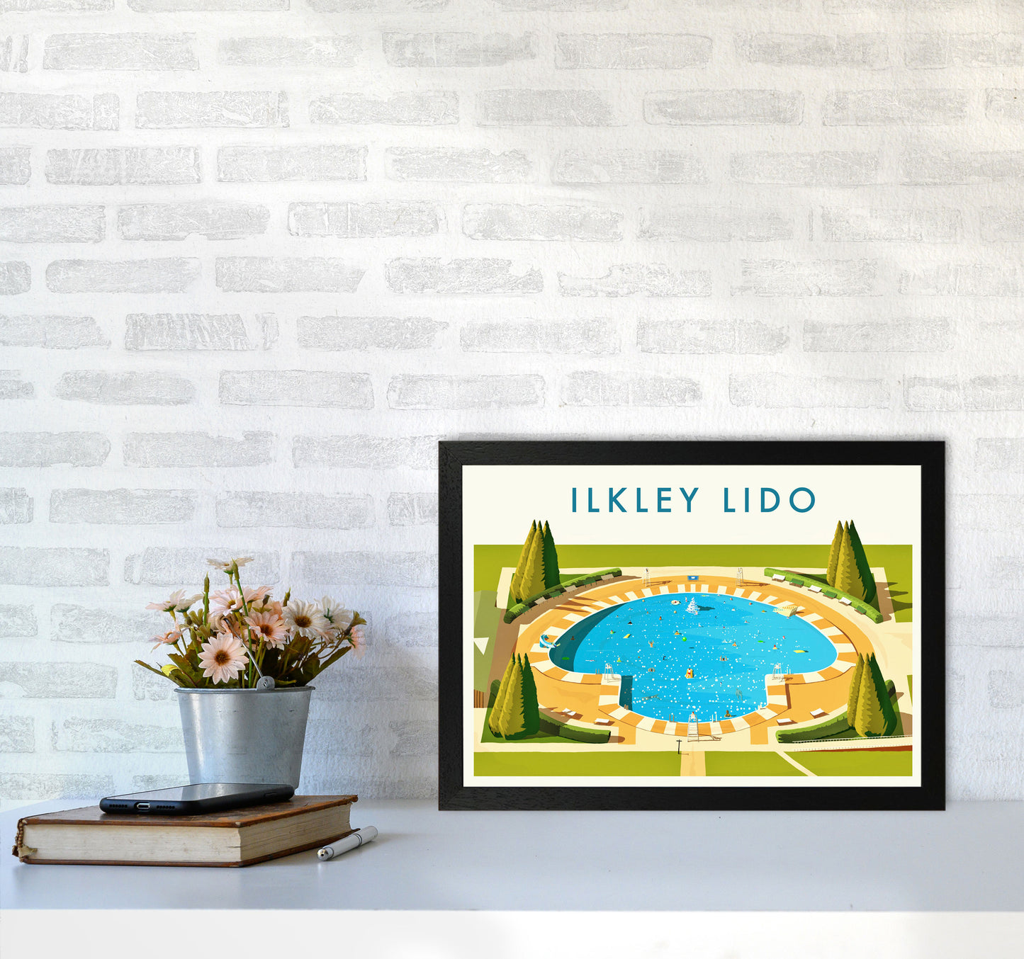 Ilkley Lido Travel Art Print by Richard O'Neill A3 White Frame