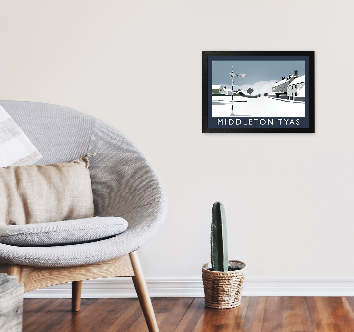 Middleton Tyas in Snow Travel Art Print by Richard O'Neill, Framed Wall Art A3 White Frame