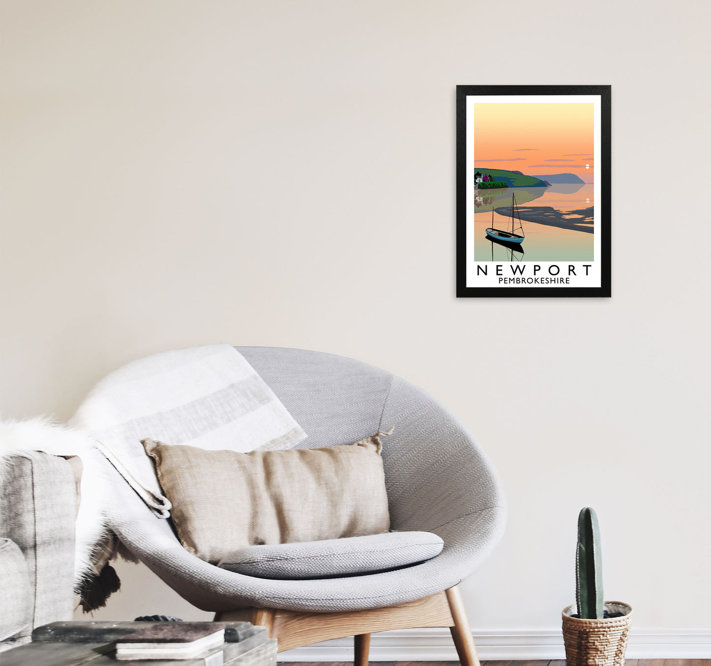 Newport Pembrokeshire Travel Art Print by Richard O'Neill, Framed Wall Art A3 White Frame