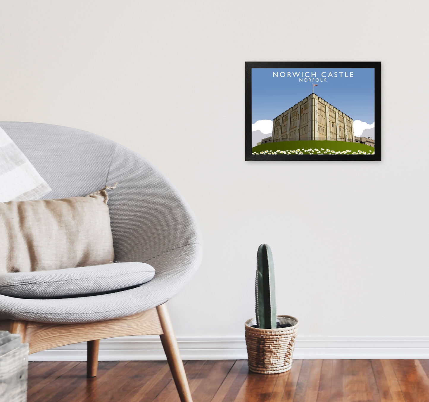 Norwich Castle Norfolk Travel Art Print by Richard O'Neill, Framed Wall Art A3 White Frame