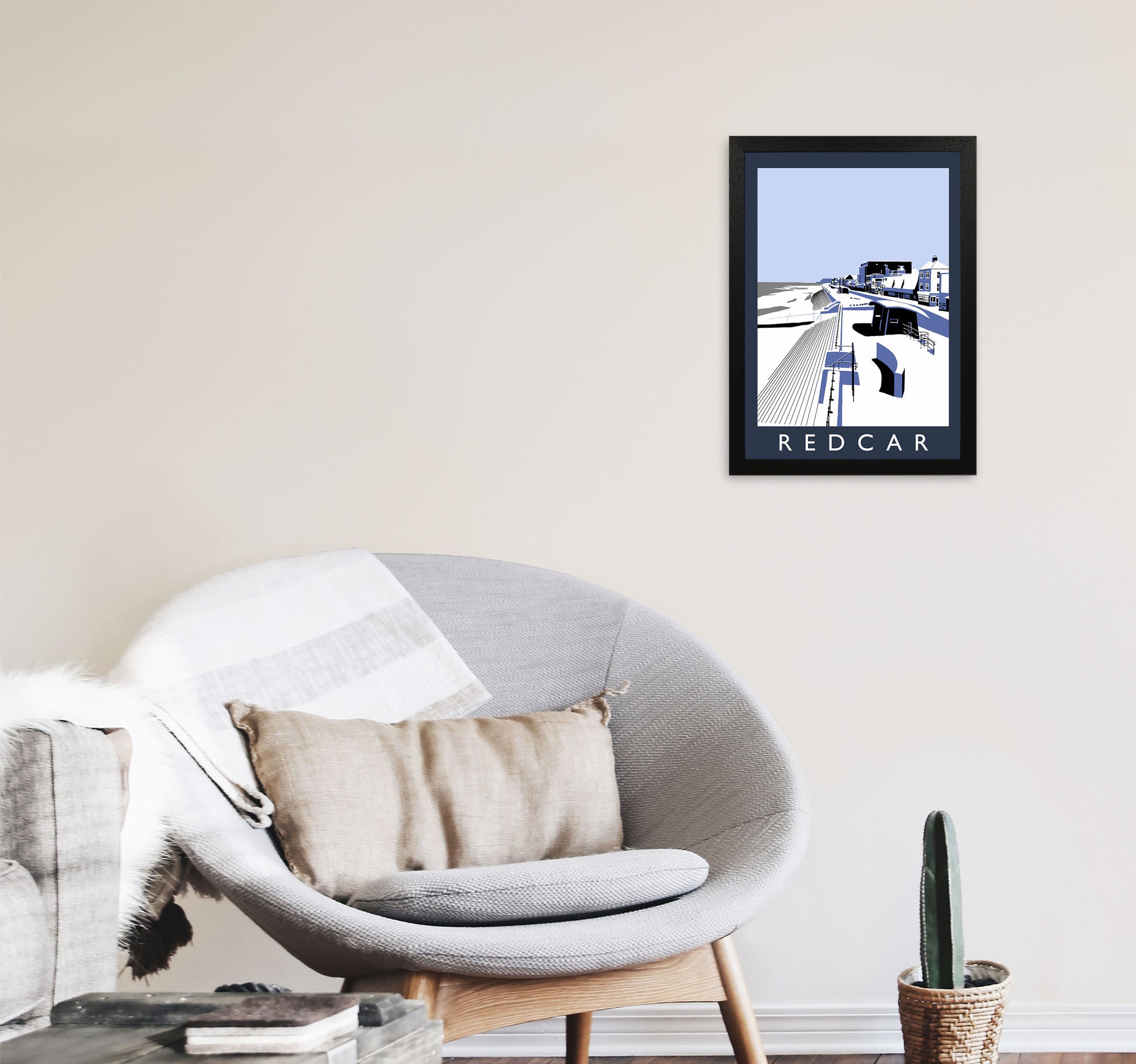 Redcar Travel Art Print by Richard O'Neill, Framed Wall Art A3 White Frame