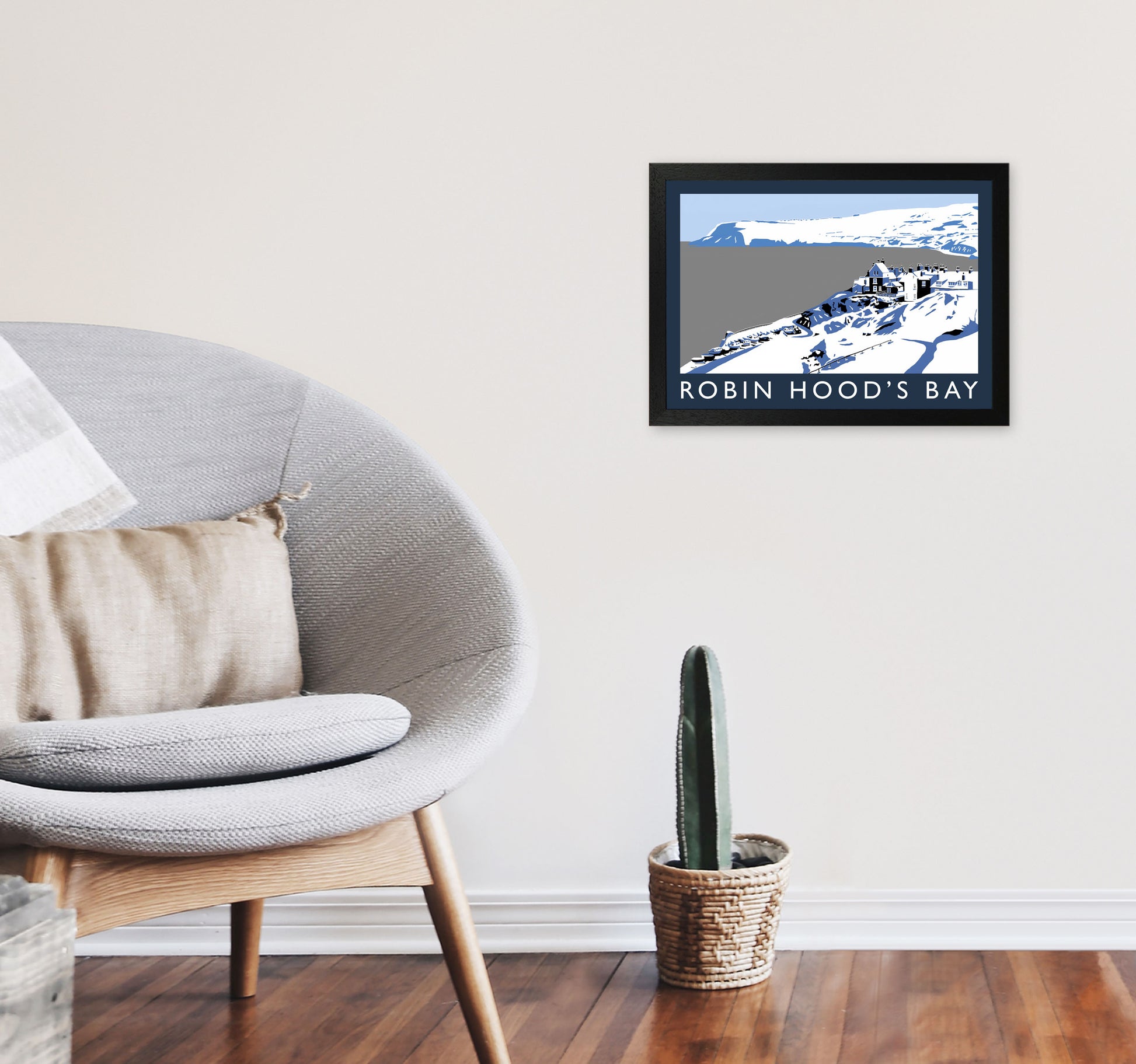 Robin Hood's Bay In Snow Travel Art Print by Richard O'Neill, Framed Wall Art A3 White Frame