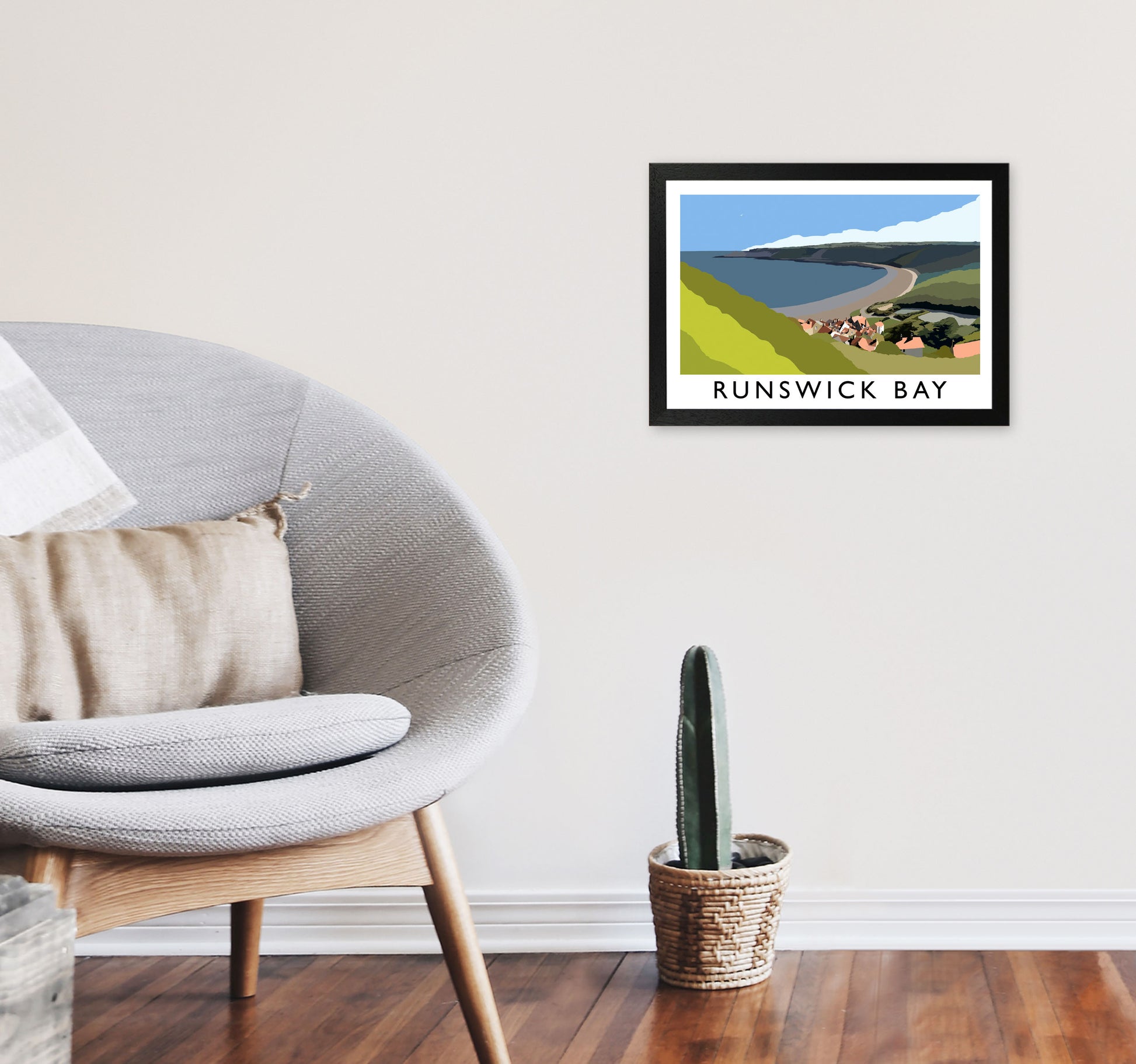 Runswick Bay Travel Art Print by Richard O'Neill, Framed Wall Art A3 White Frame