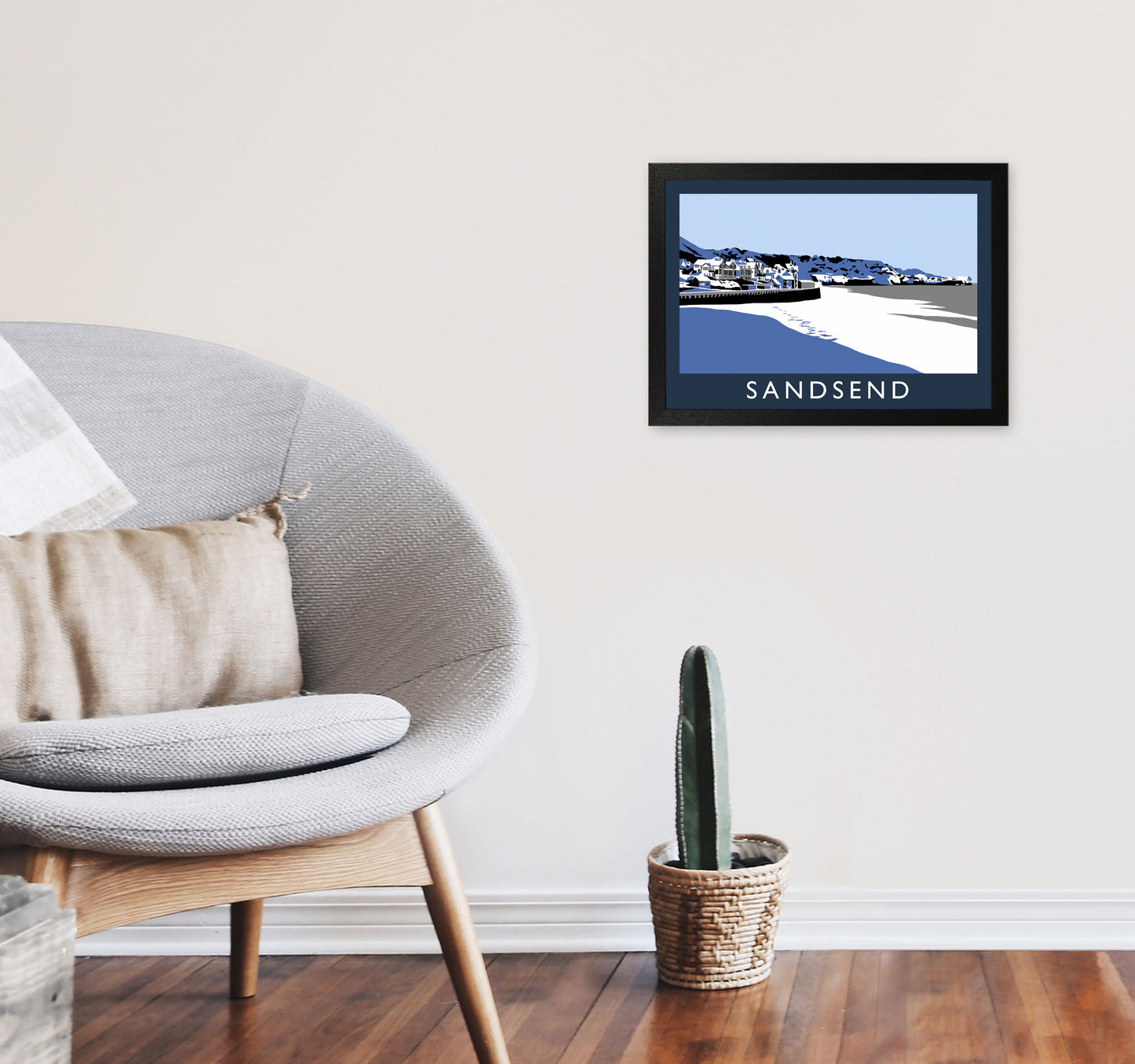 Sandsend In Snow Travel Art Print by Richard O'Neill, Framed Wall Art A3 White Frame