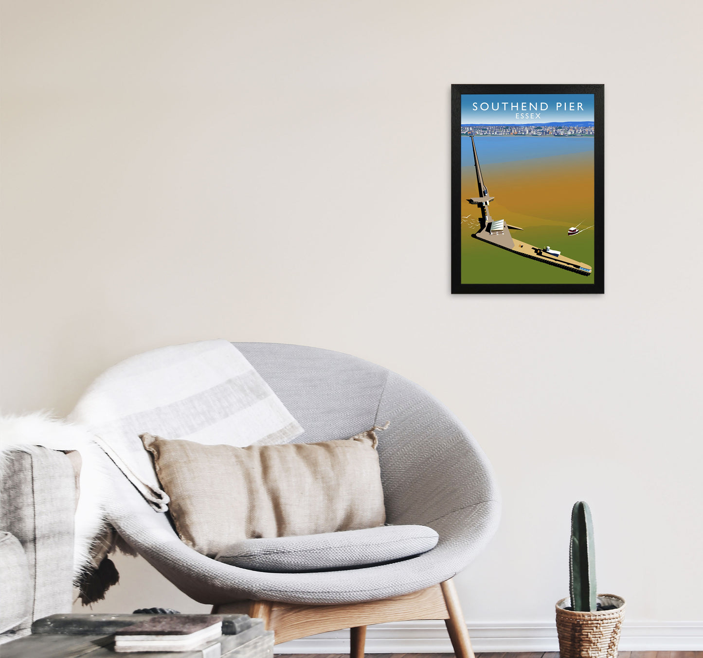 Southend Pier Essex Travel Art Print by Richard O'Neill, Framed Wall Art A3 White Frame