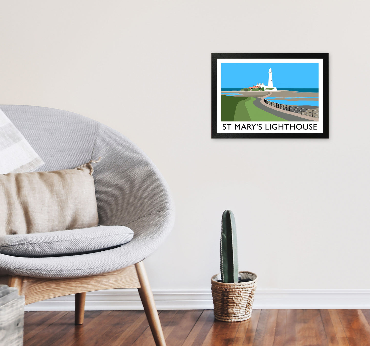 St Mary's Lighthouse Travel Art Print by Richard O'Neill A3 White Frame