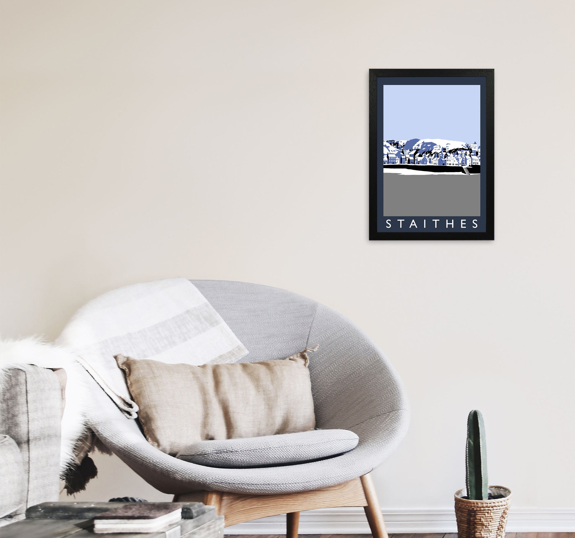 Staithes In Snow PortraitTravel Art Print by Richard O'Neill, Framed Wall Art A3 White Frame