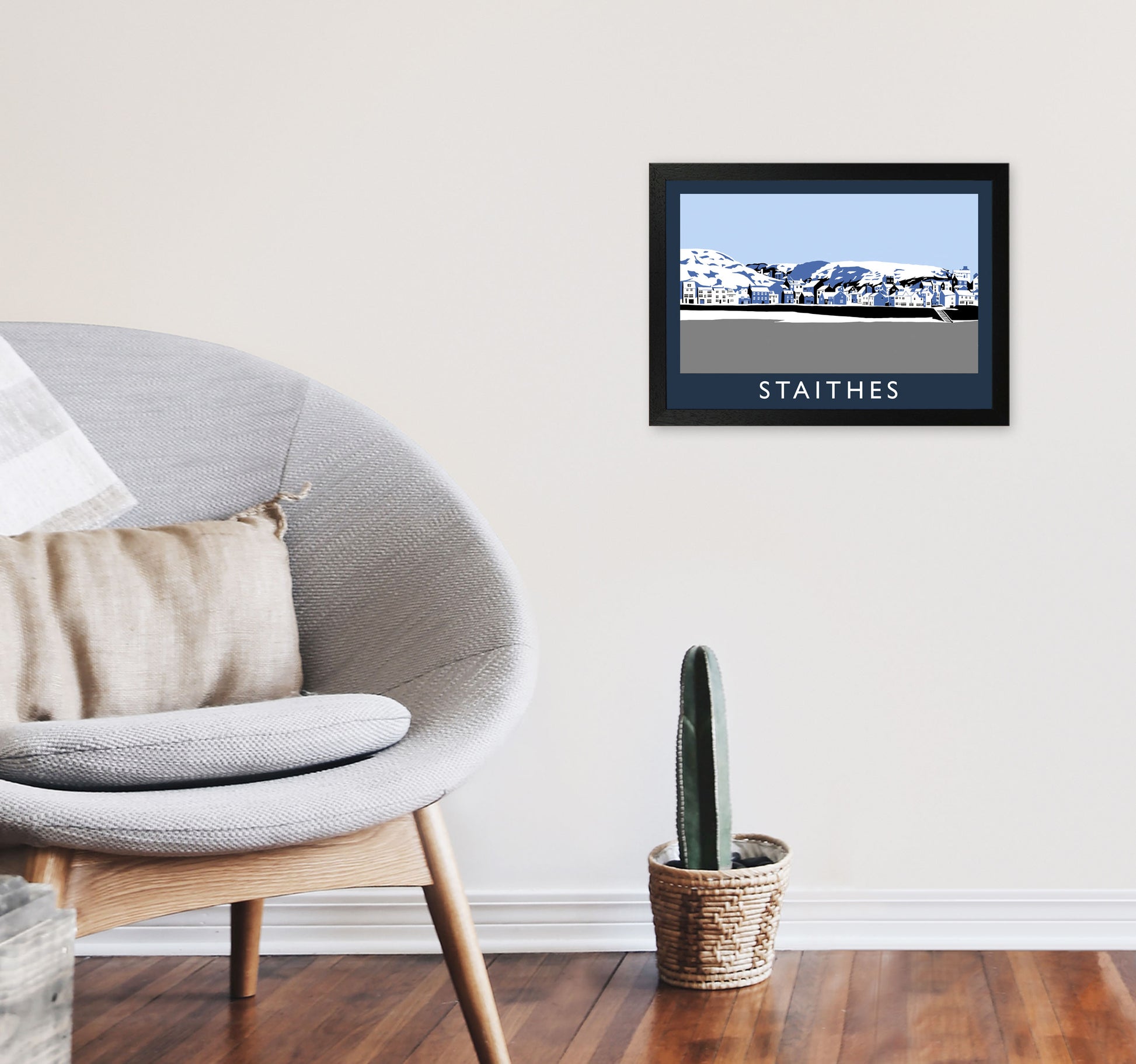 Staithes In Snow Travel Art Print by Richard O'Neill, Framed Wall Art A3 White Frame