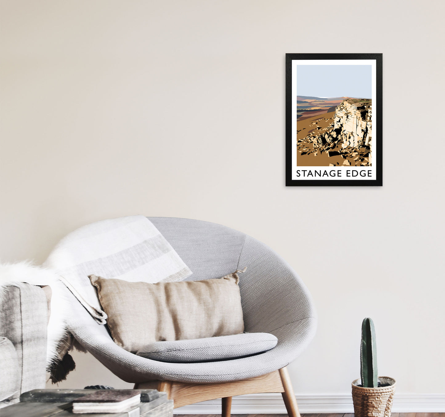 Stanage Edge Travel Art Print by Richard O'Neill, Framed Wall Art A3 White Frame